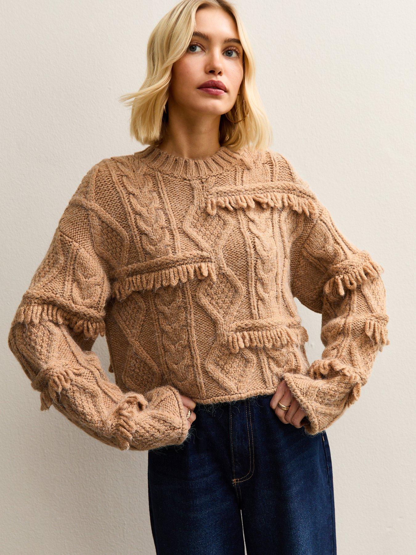 New Look Camel Multi-Knit Fringed Jumper - Beige