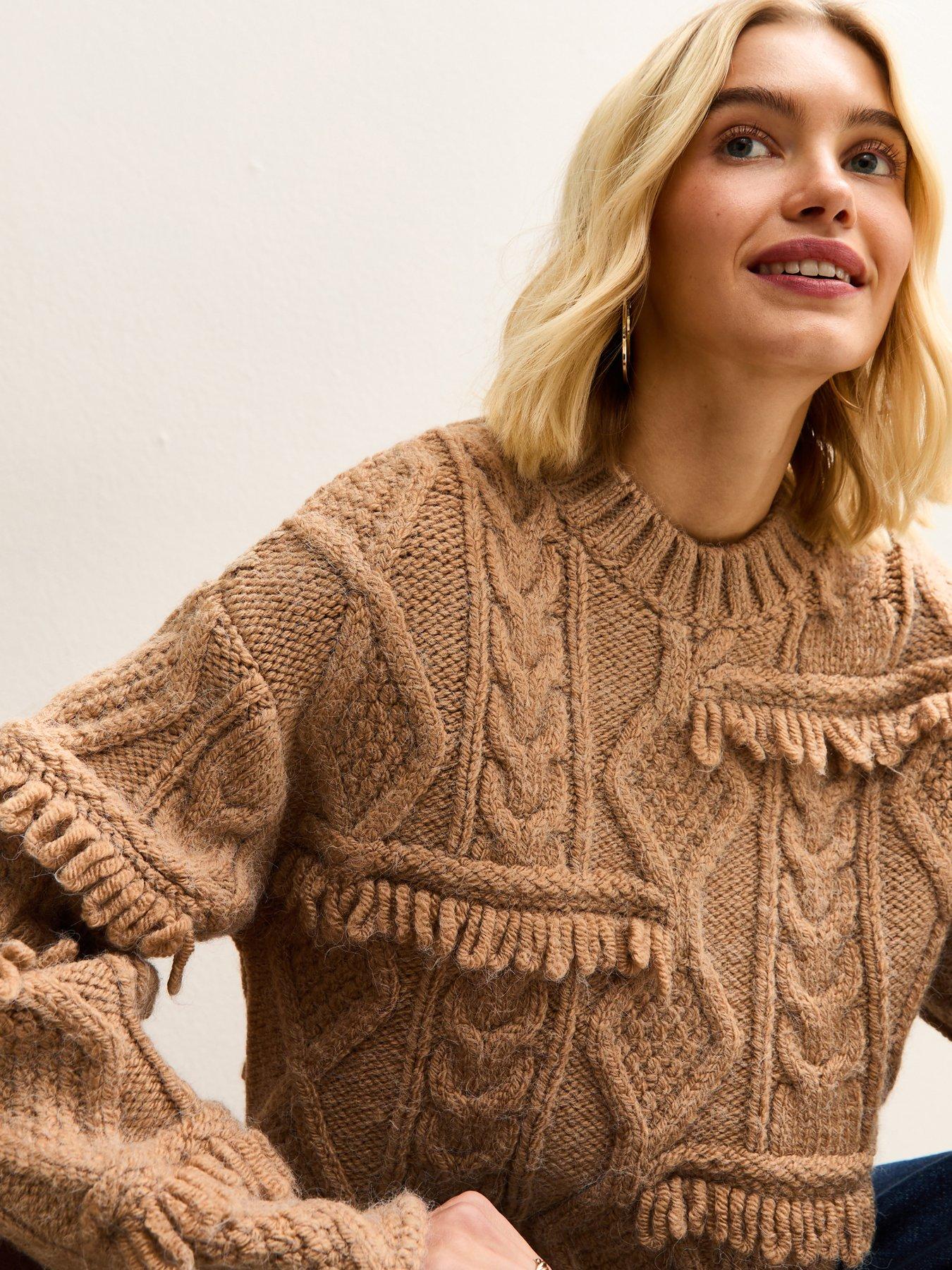  image of new-look-camel-multi-knit-fringed-jumper-beige