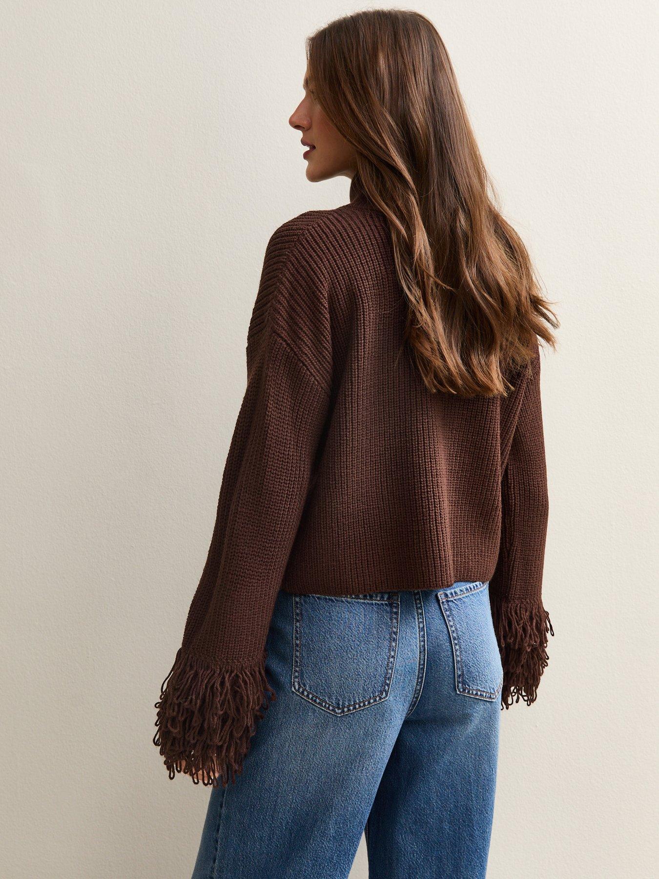 stillFront image of new-look-looped-fringe-cuff-jumper-dark-brown