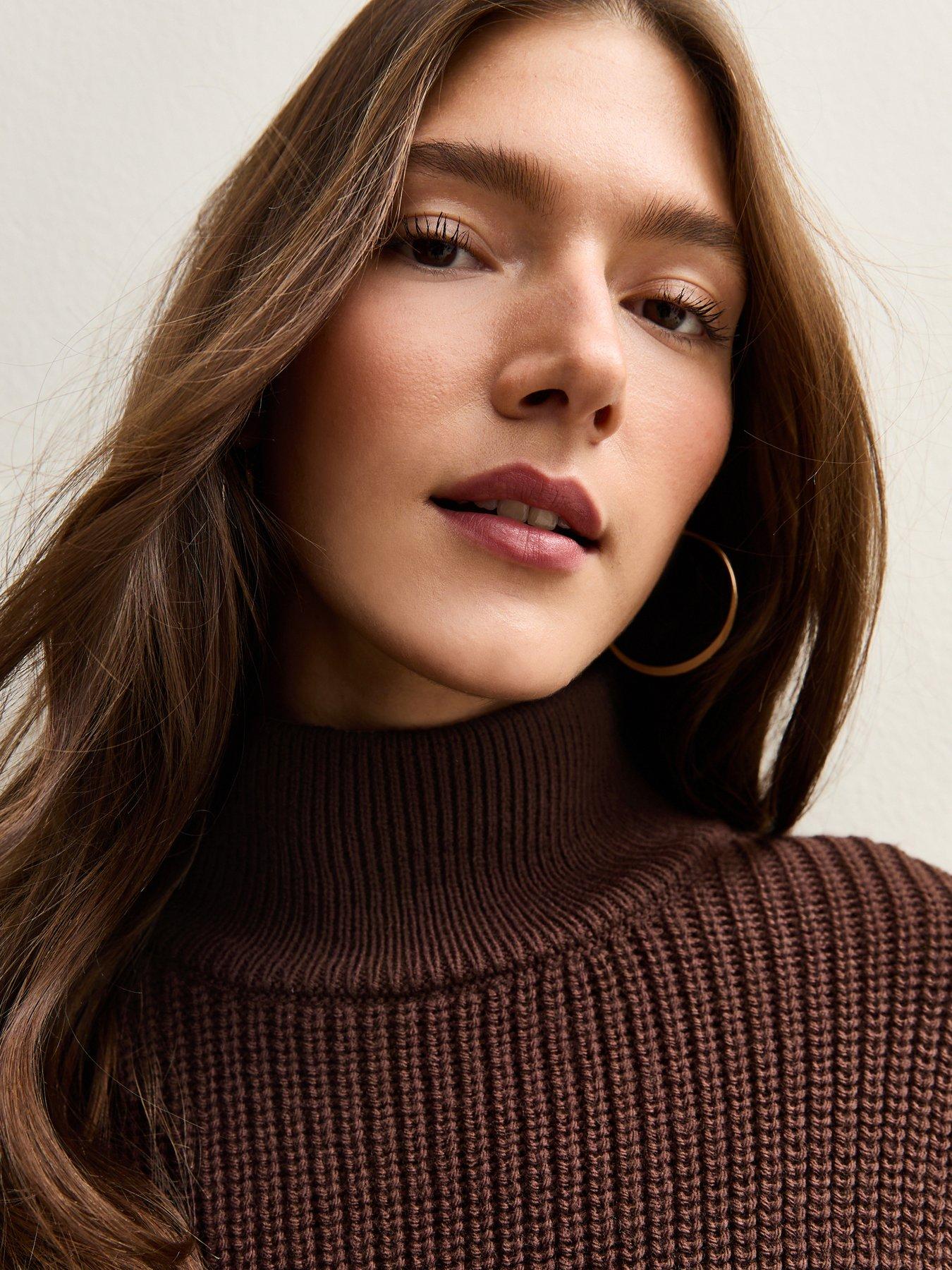  image of new-look-looped-fringe-cuff-jumper-dark-brown