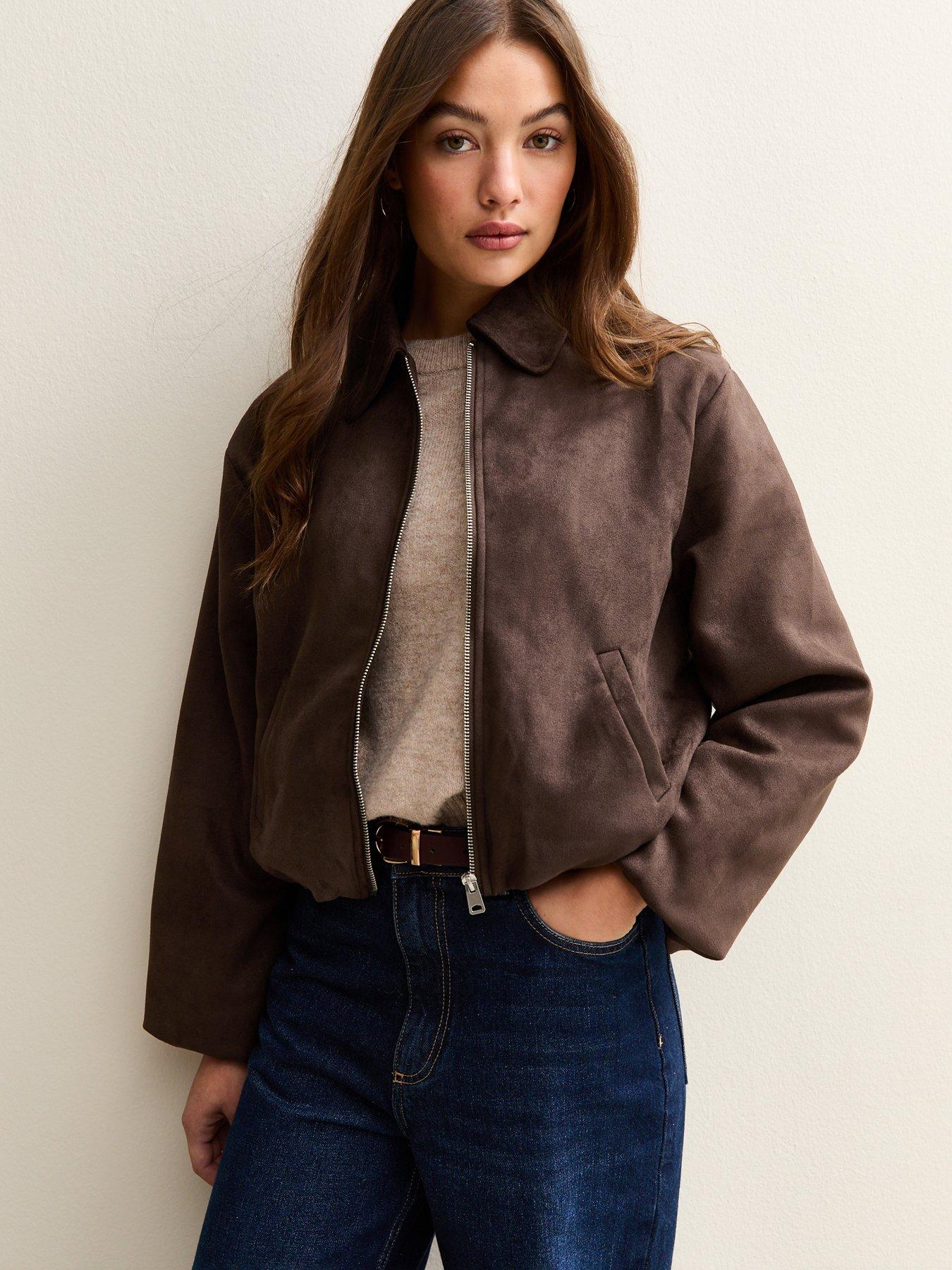 front image of new-look-brown-faux-suede-bubblehem-bomber-jacket
