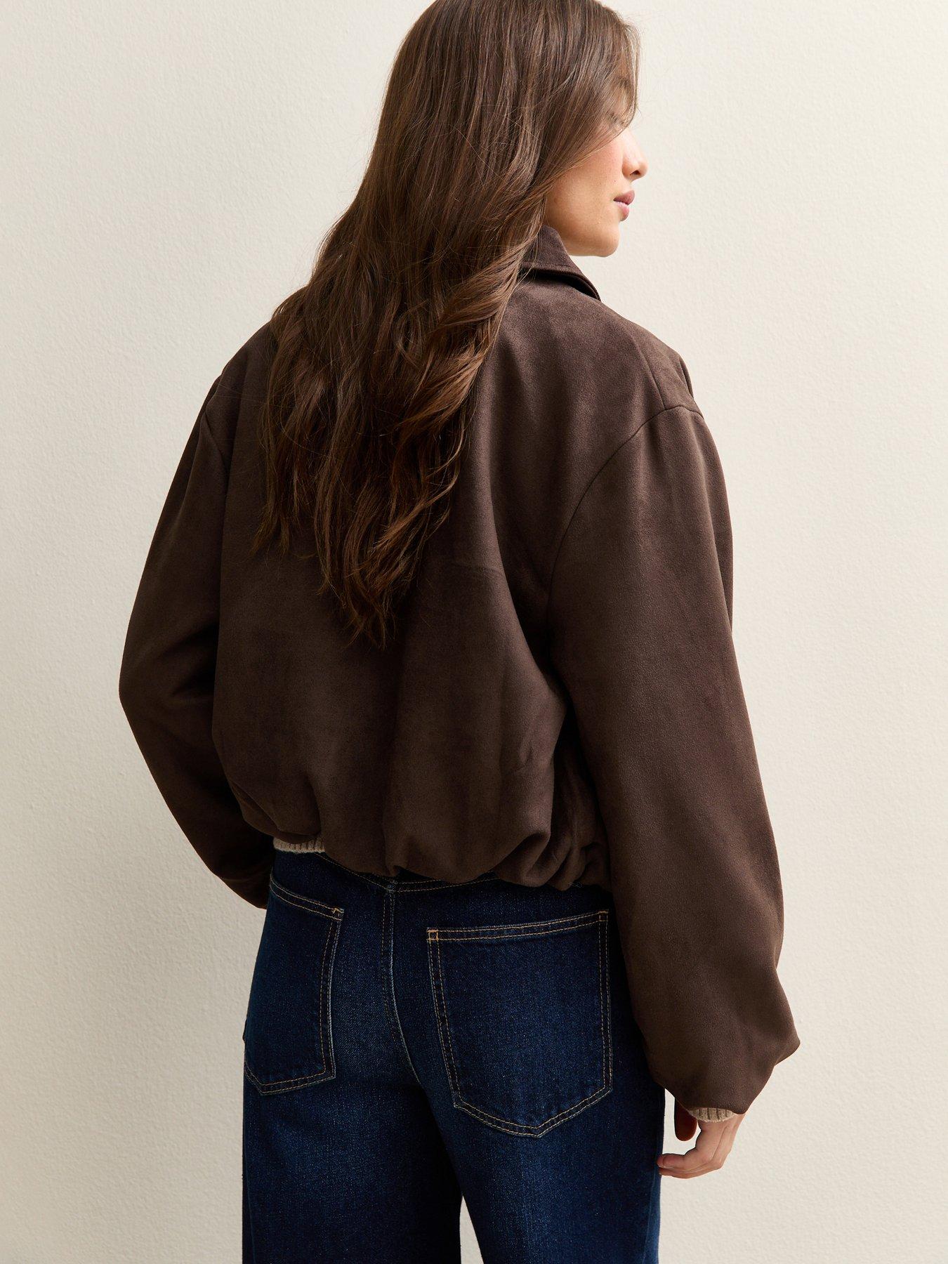  image of new-look-brown-faux-suede-bubblehem-bomber-jacket