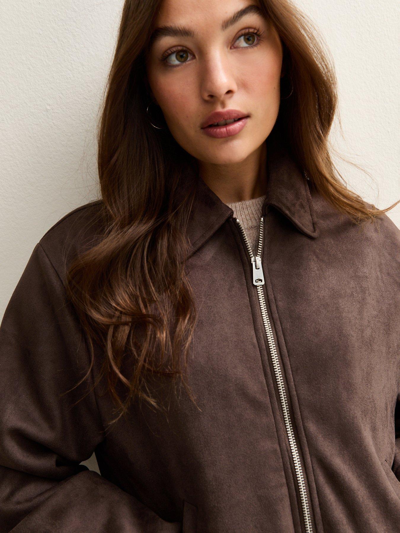  image of new-look-brown-faux-suede-bubblehem-bomber-jacket