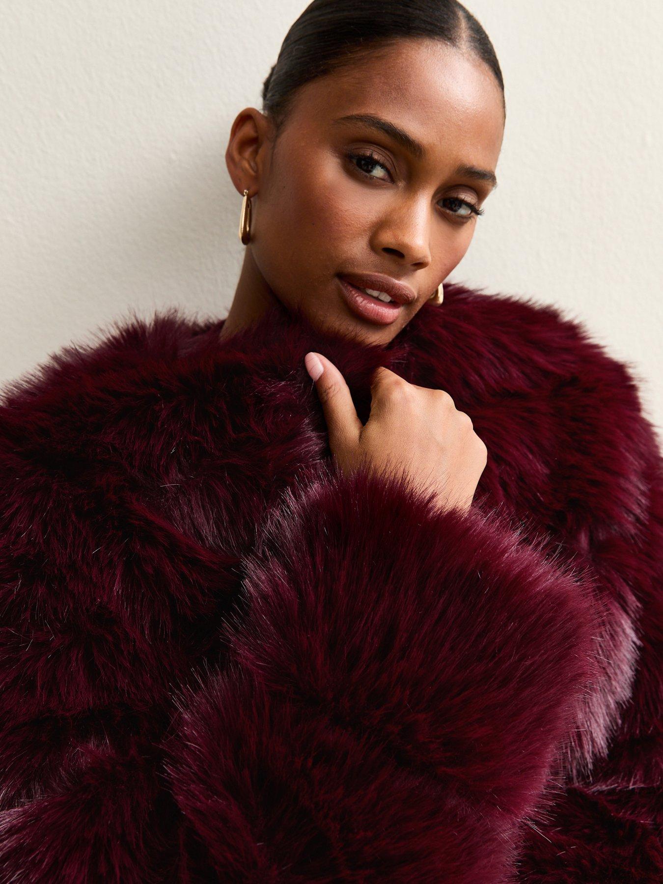  image of new-look-panelled-faux-fur-jacket-burgundy