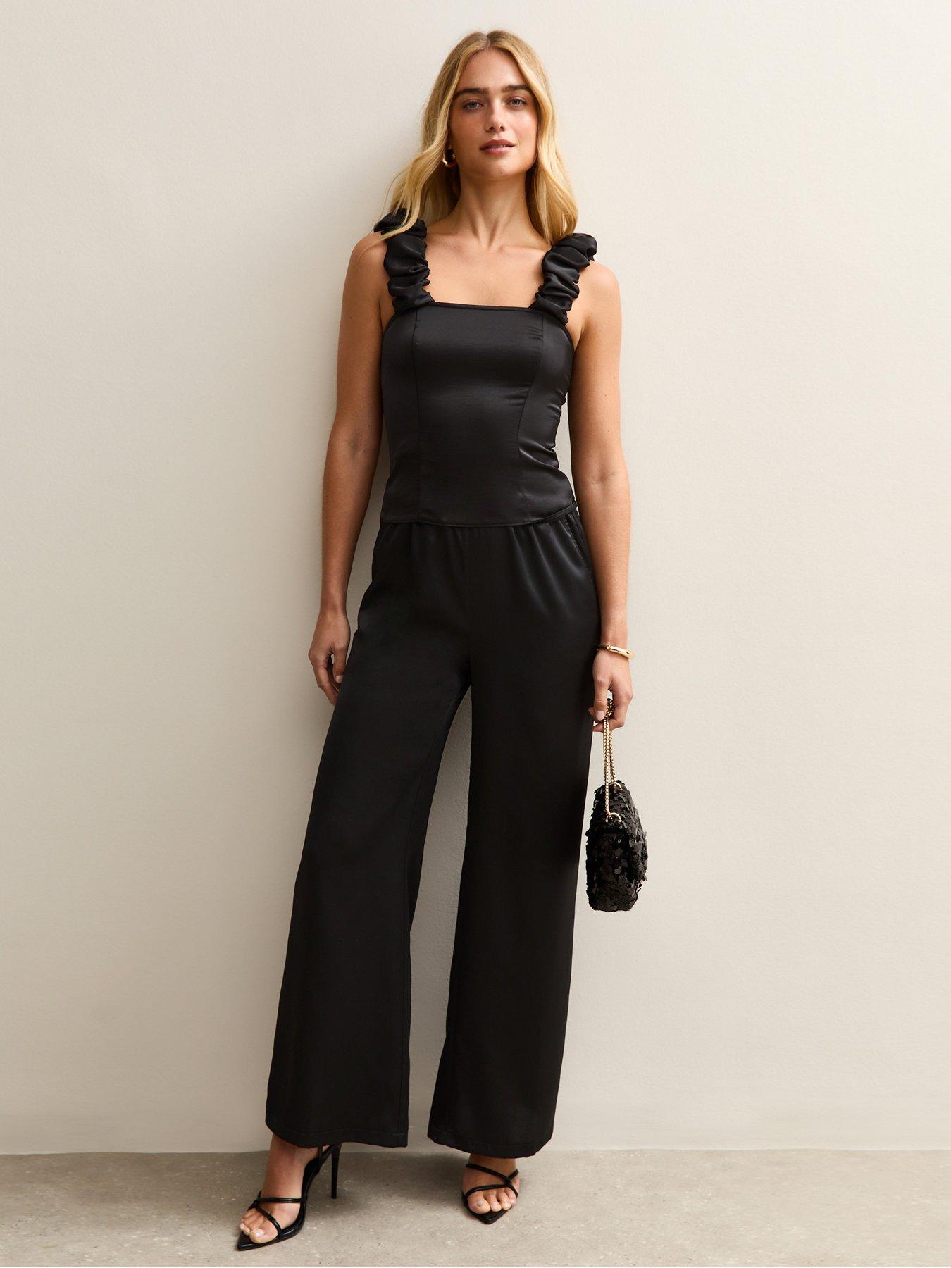 Image 3 of 5 of New Look Black Satin Ruched Strap Cami
