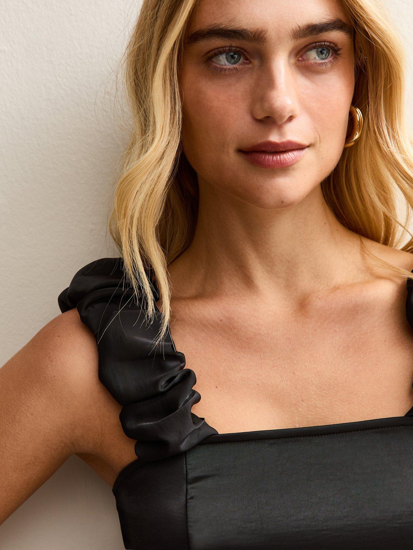 Image 4 of 5 of New Look Black Satin Ruched Strap Cami