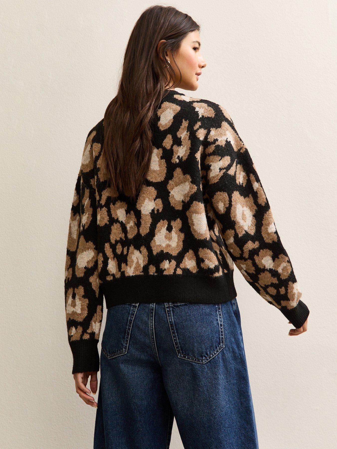 Image 2 of 6 of New Look Leopard Print Crew Neck Cardigan - Black