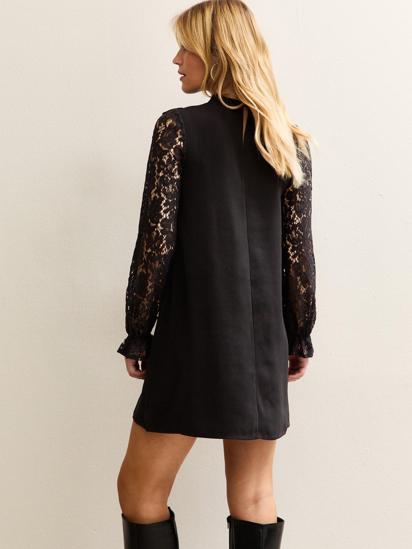 Image 2 of 5 of New Look Black Lace Detail 2 In 1 Mini Smock Dress
