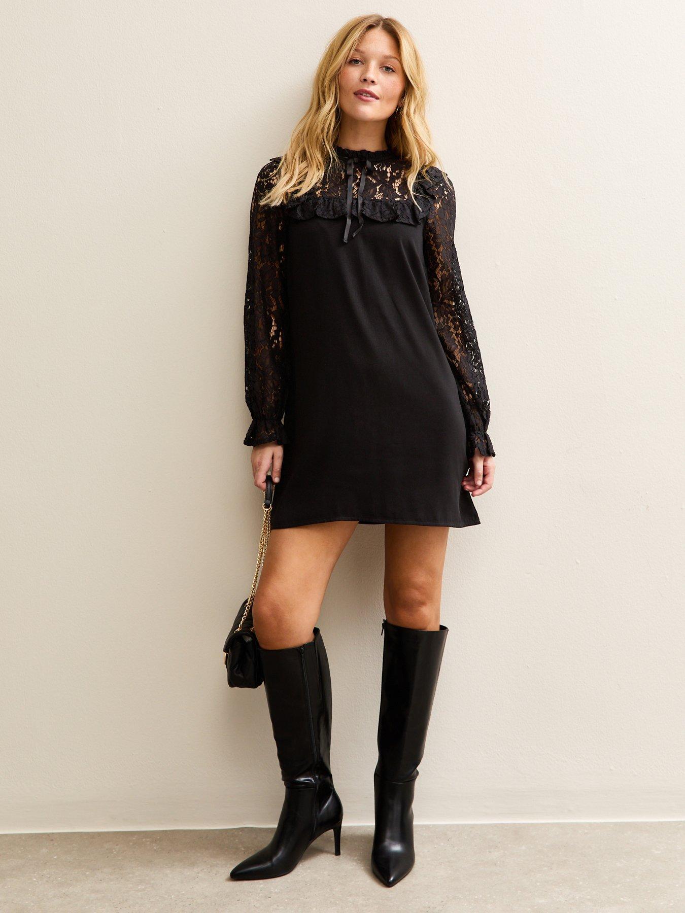  image of new-look-lace-detail-2-in-1-mini-smock-dress-black