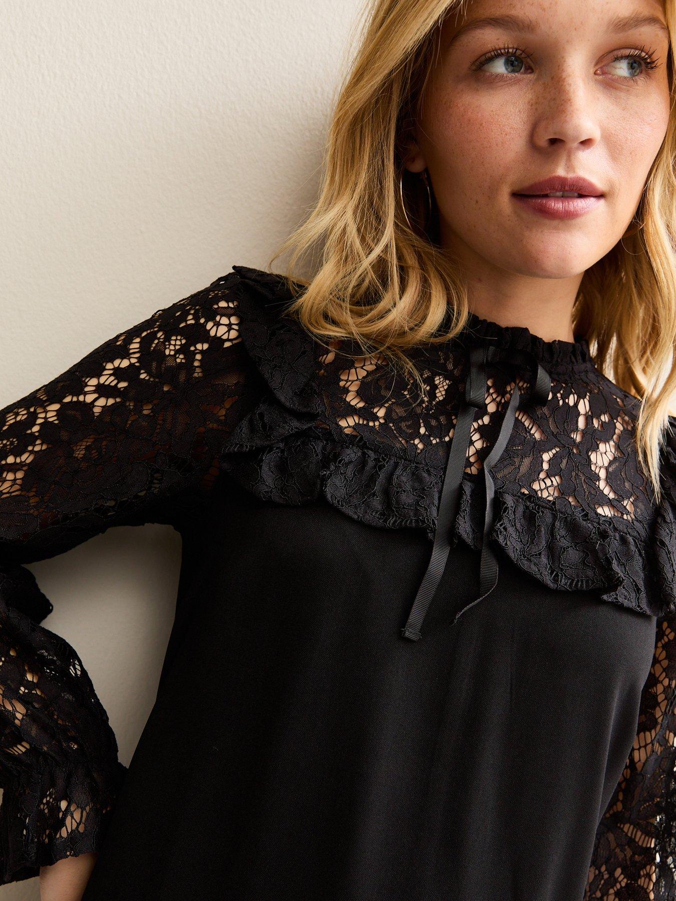 Image 4 of 5 of New Look Black Lace Detail 2 In 1 Mini Smock Dress
