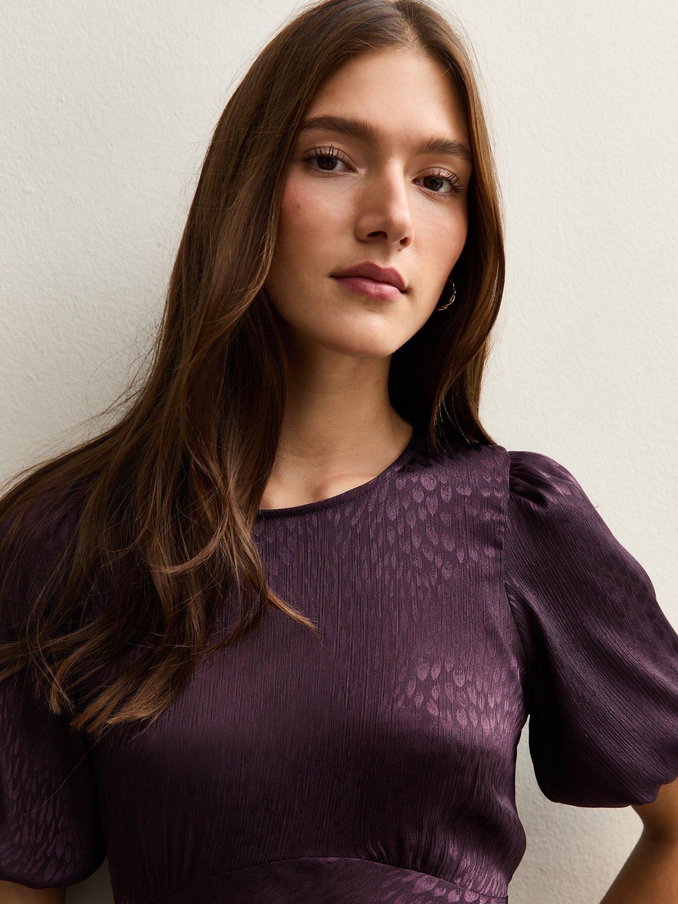  image of new-look-feather-jacquard-satin-midi-dress-burgundy