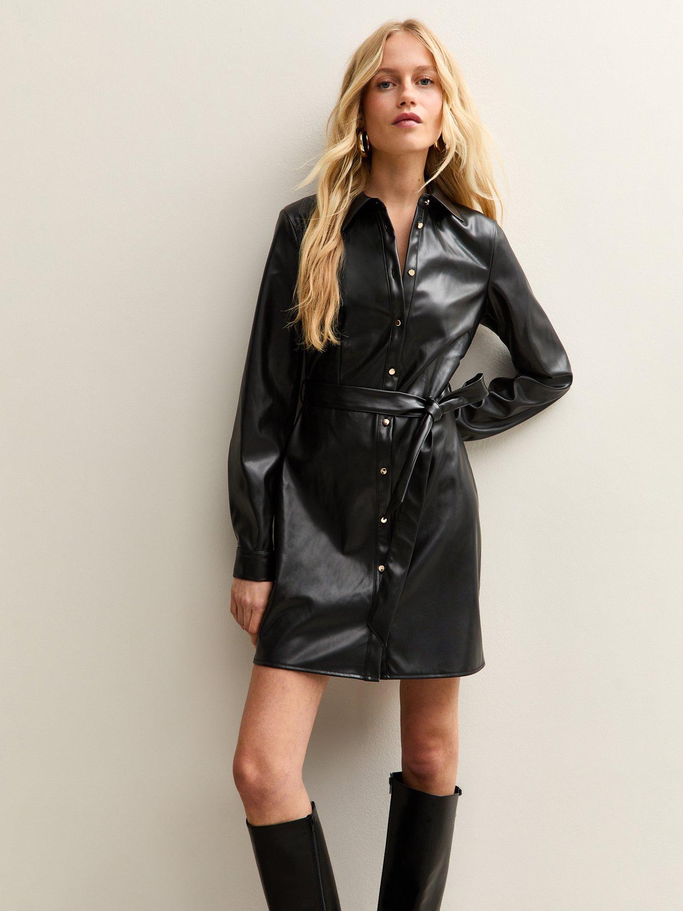 new-look-black-faux-leather-button-up-mini-shirt-dress