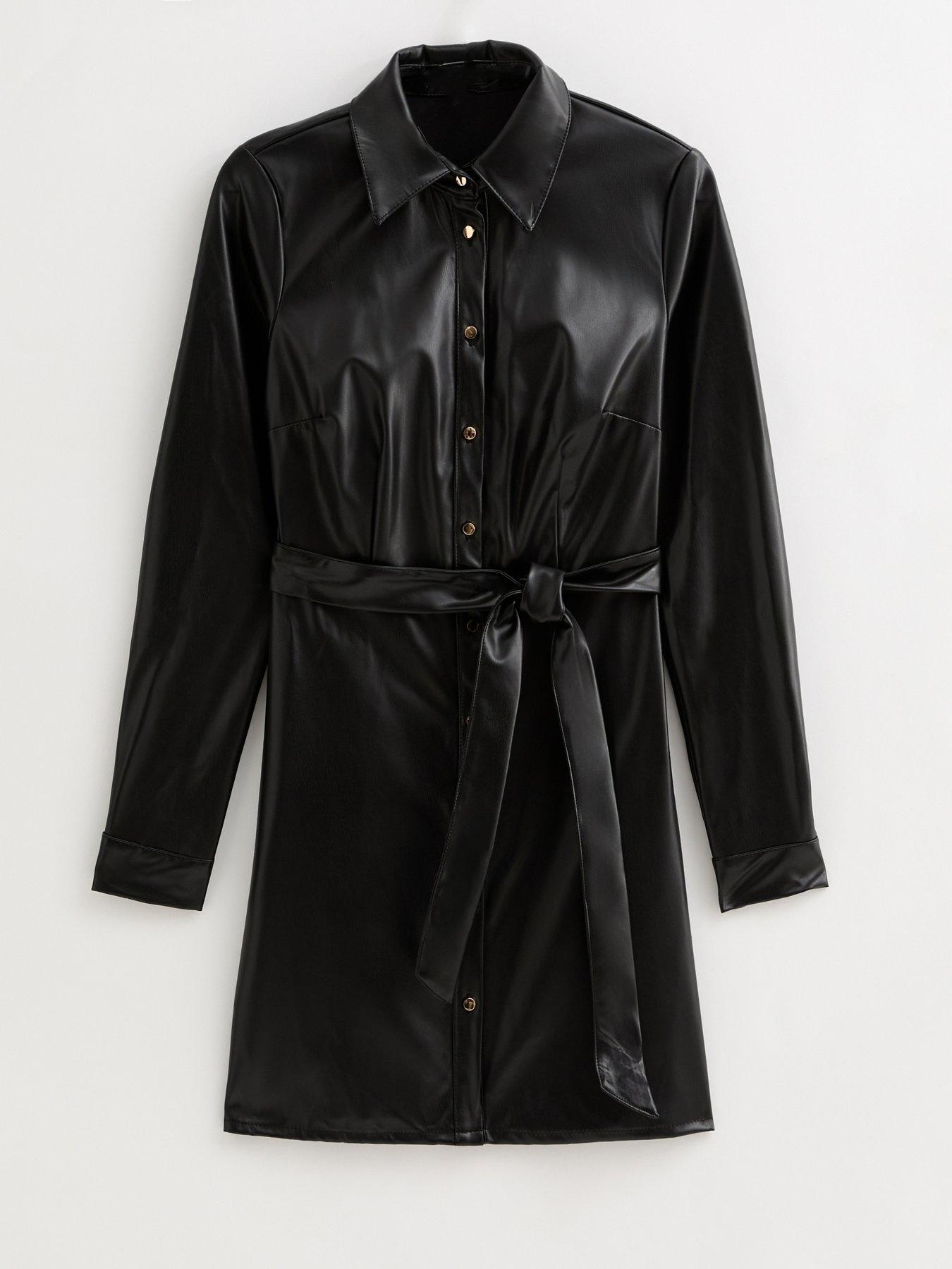 Image 5 of 5 of New Look Black Faux Leather Short Sleeve Midi Shirt Dress