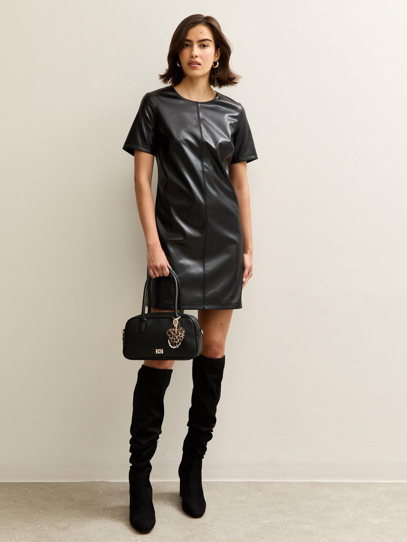  image of new-look-black-faux-leather-short-sleeve-mini-dress