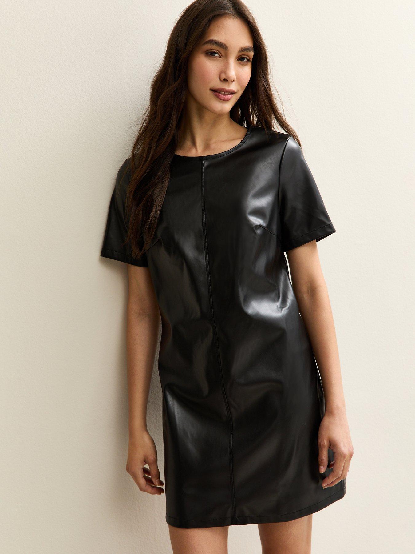  image of new-look-black-faux-leather-short-sleeve-mini-dress