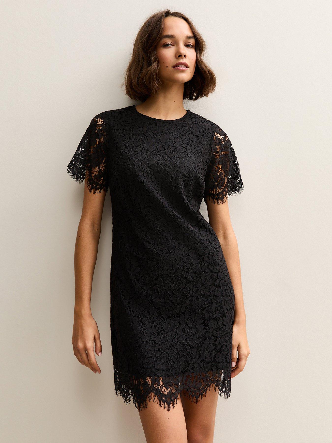Image 1 of 5 of New Look Lace T Shirt Mini Dress - Black