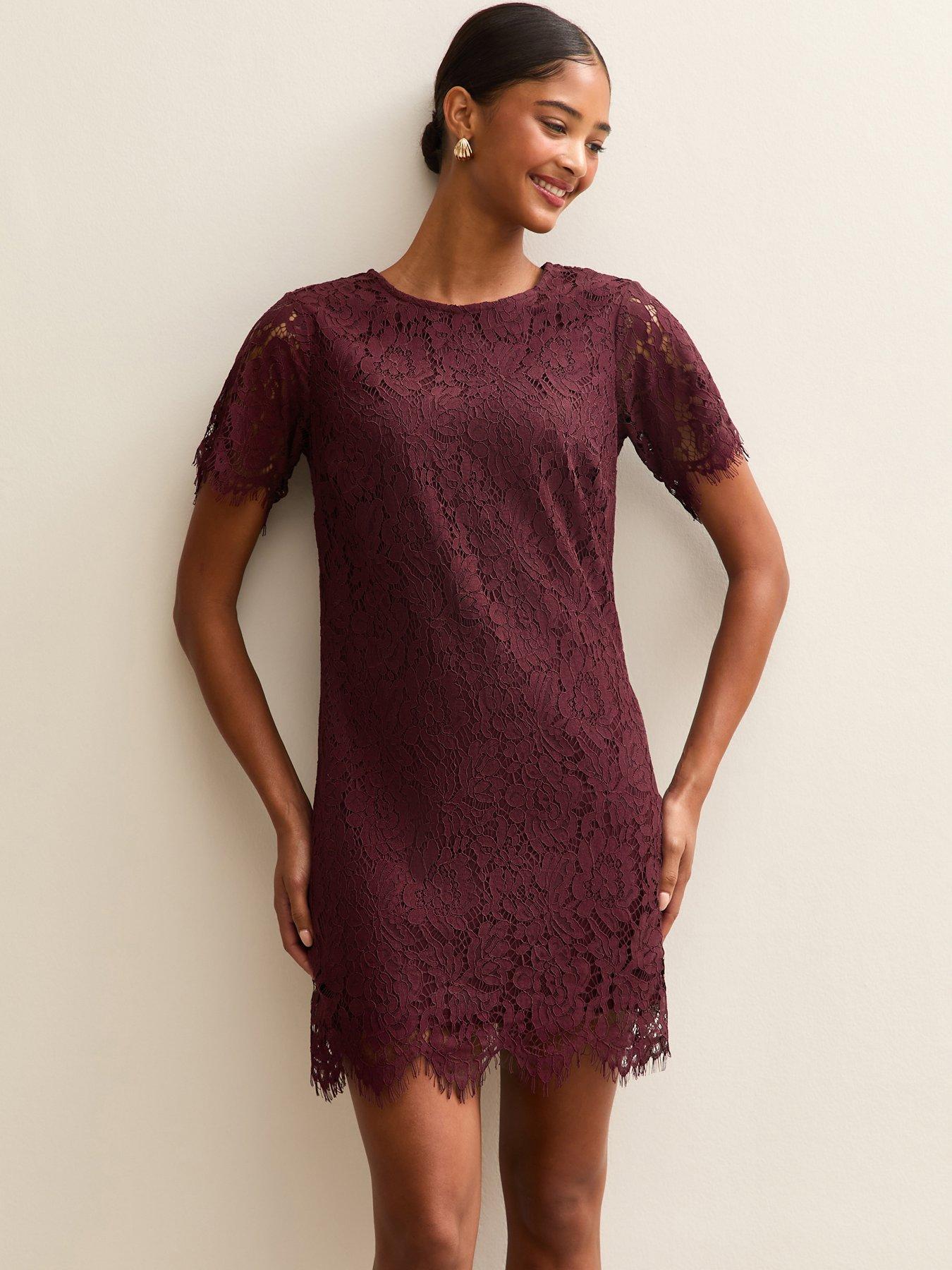 Image 1 of 5 of New Look Lace T-Shirt Mini Dress - Burgundy