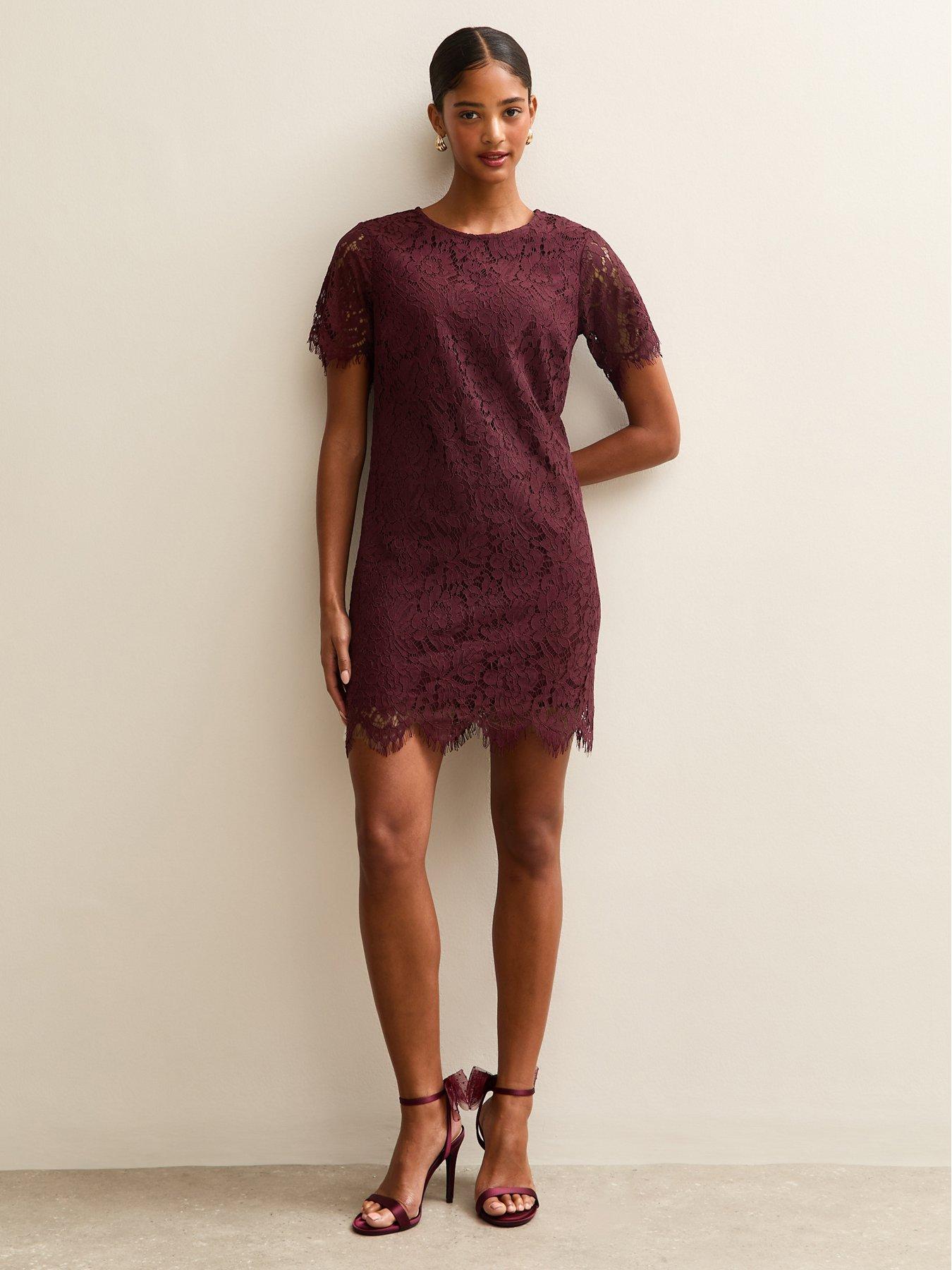 Image 3 of 5 of New Look Lace T-Shirt Mini Dress - Burgundy