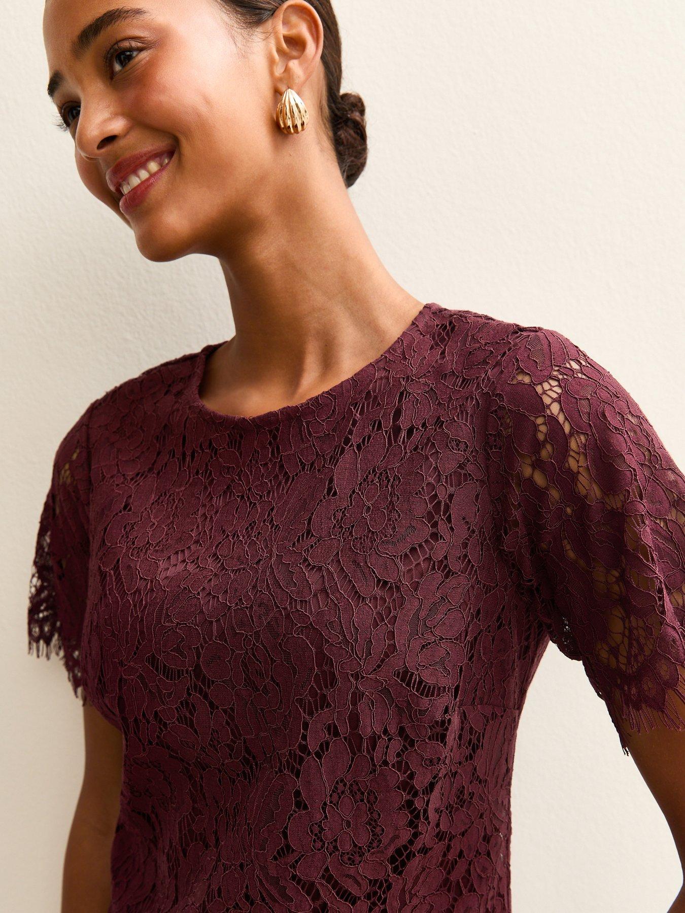Image 4 of 5 of New Look Lace T-Shirt Mini Dress - Burgundy