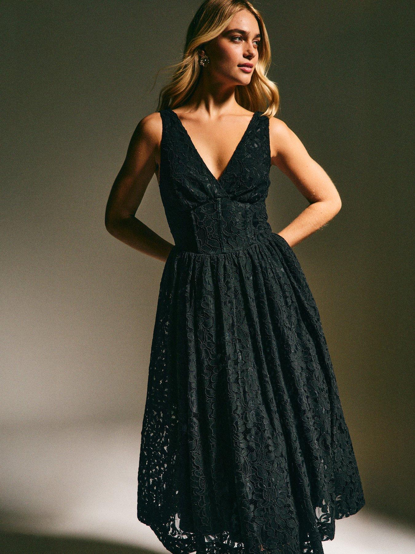 New Look Black Lace Corset Midi Dress | Littlewoods