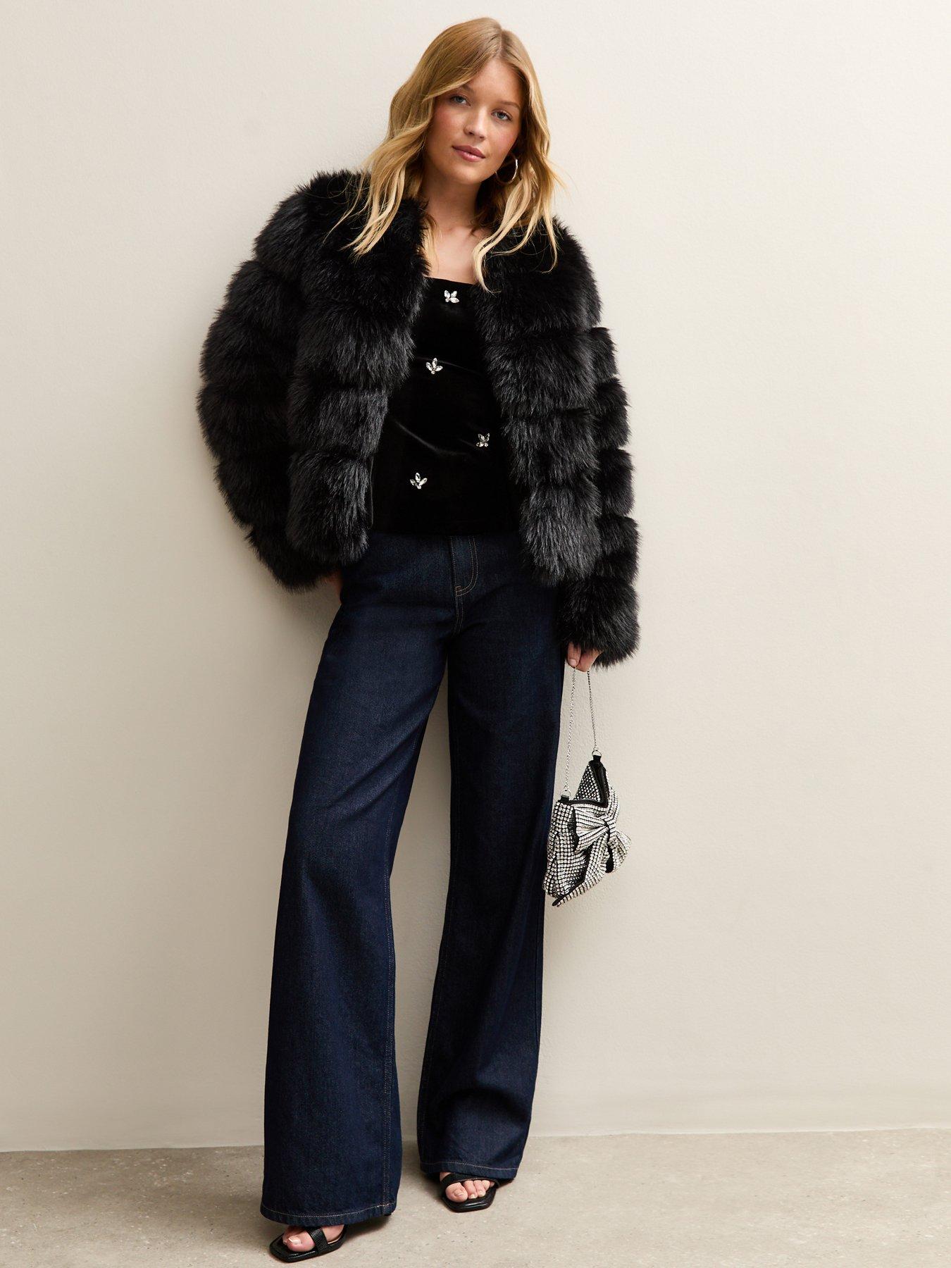  image of new-look-panelled-faux-fur-jacket-black