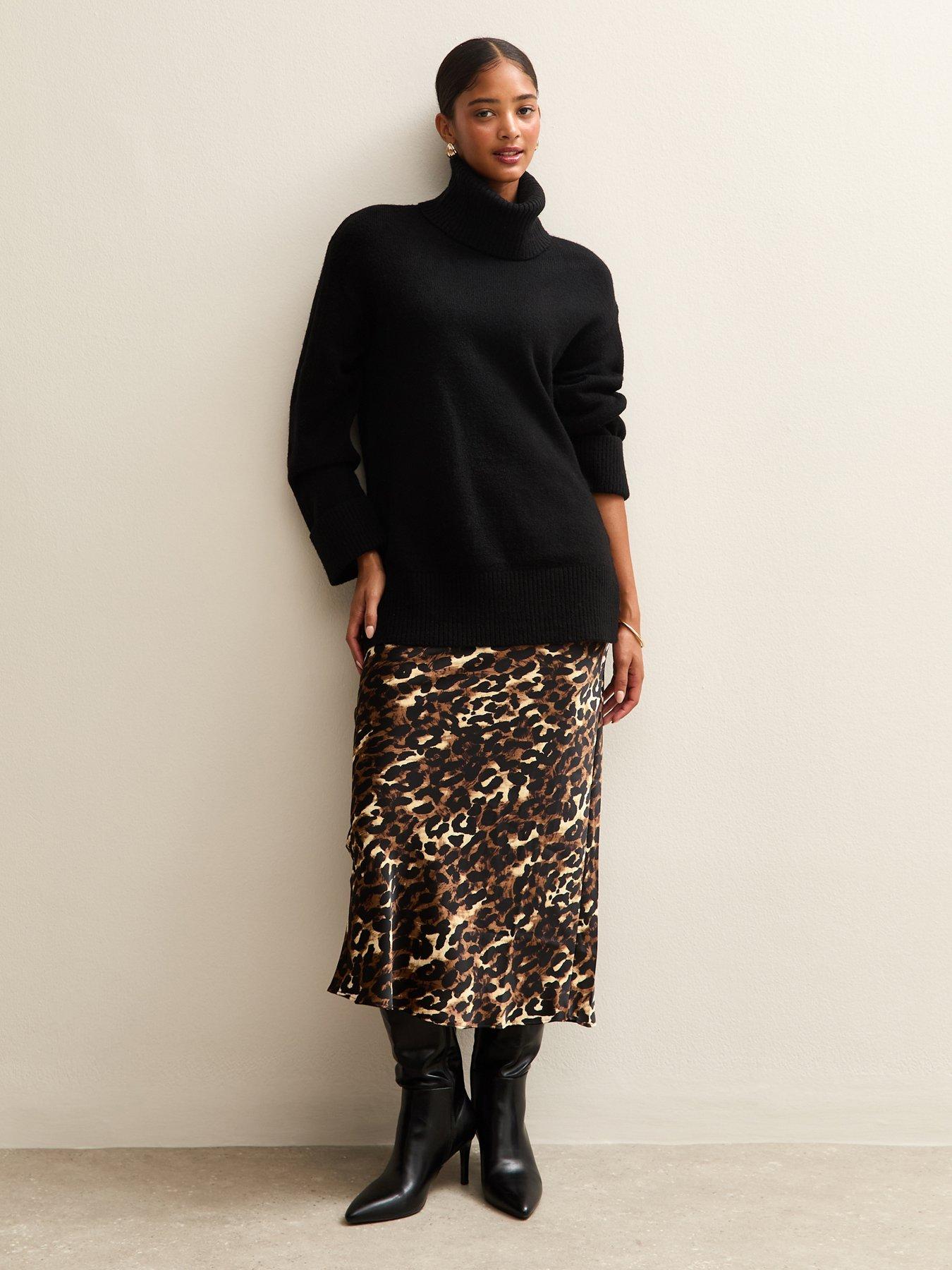 New Look Brown Leopard Print Satin Midi Skirt