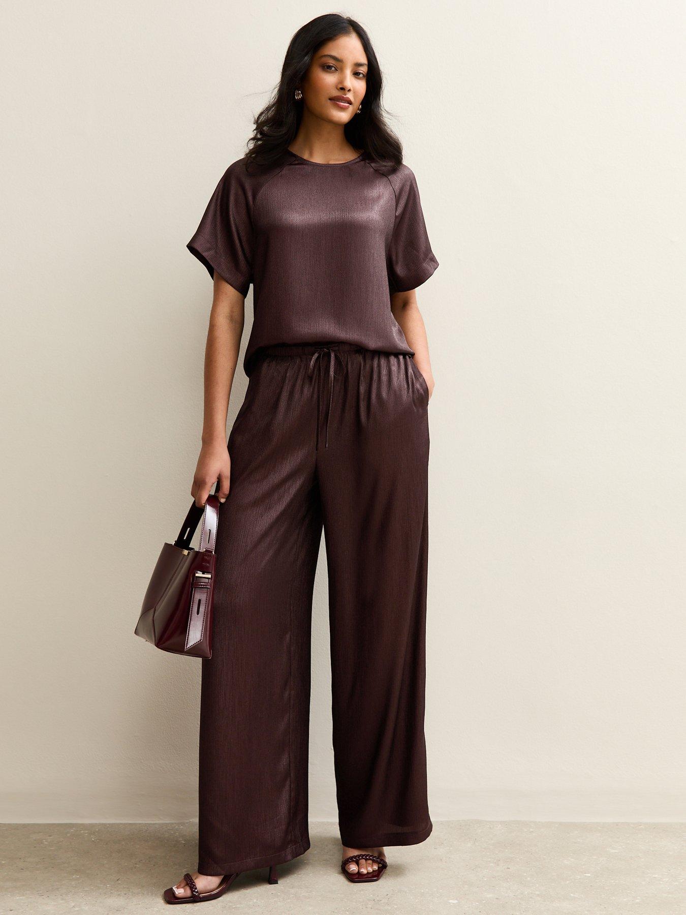  image of new-look-shimmer-wide-leg-trousers-burgundy