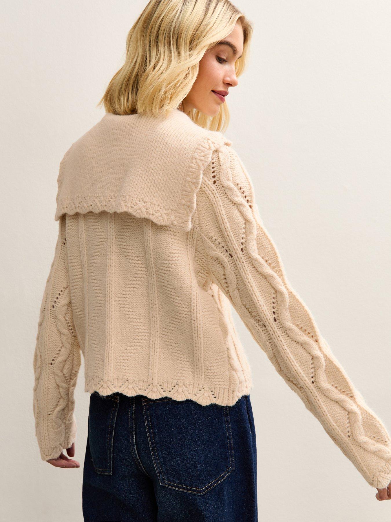Image 2 of 7 of New Look Cable Knit Collared Cardigan - Cream