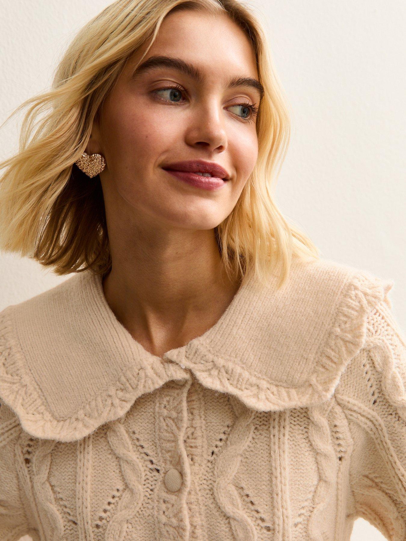 Image 5 of 7 of New Look Cable Knit Collared Cardigan - Cream
