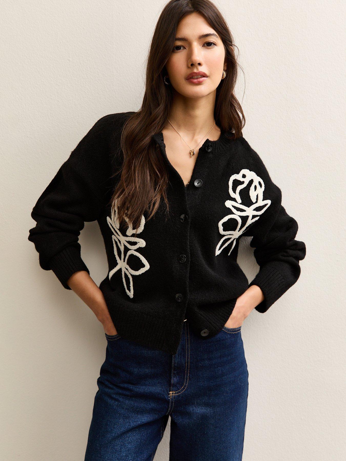 New Look 3D Rose Embroidered Crew Cardigan - Black