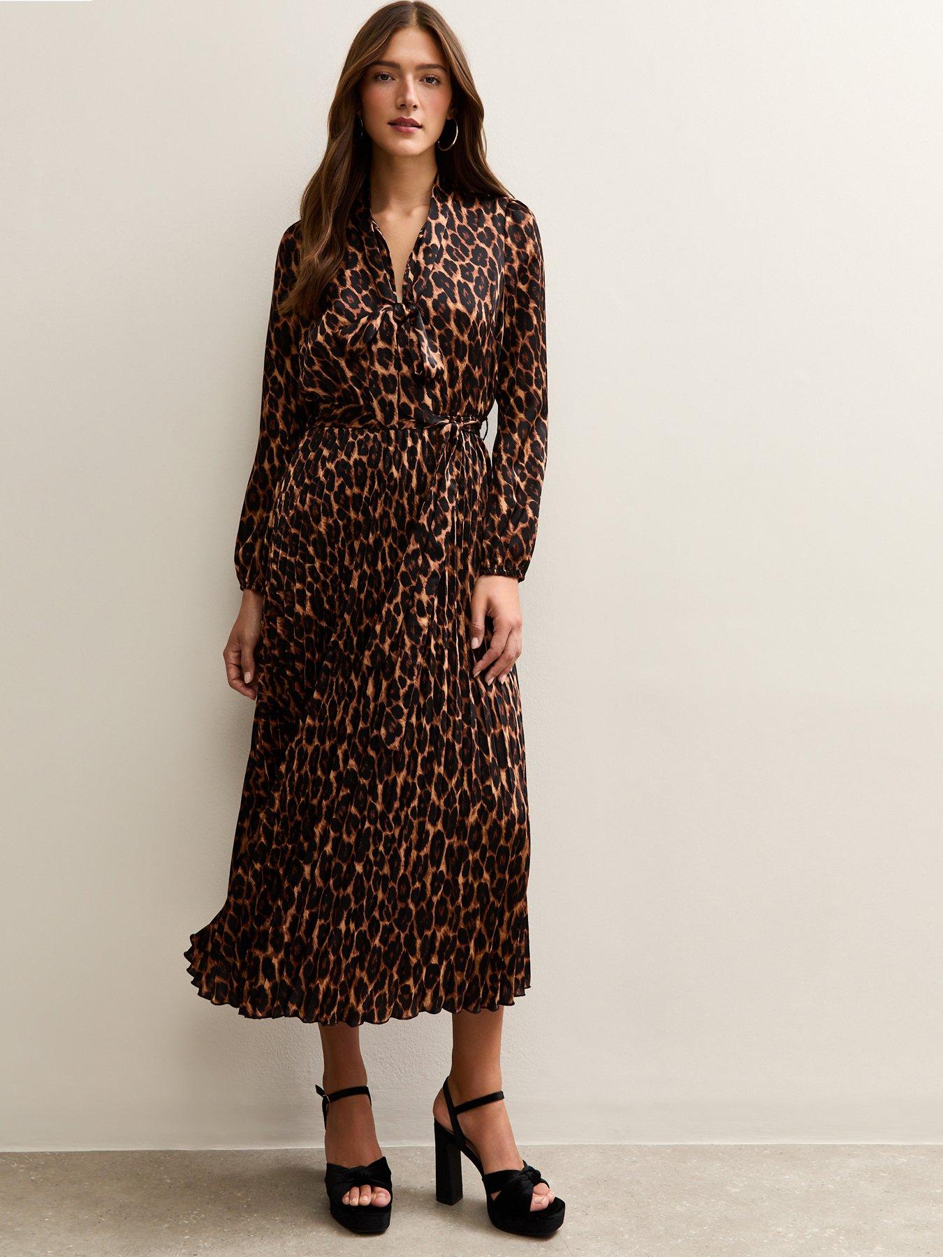 Image 1 of 6 of New Look Dark Brown Animal Print Pleated Long Sleeve Midi Dress