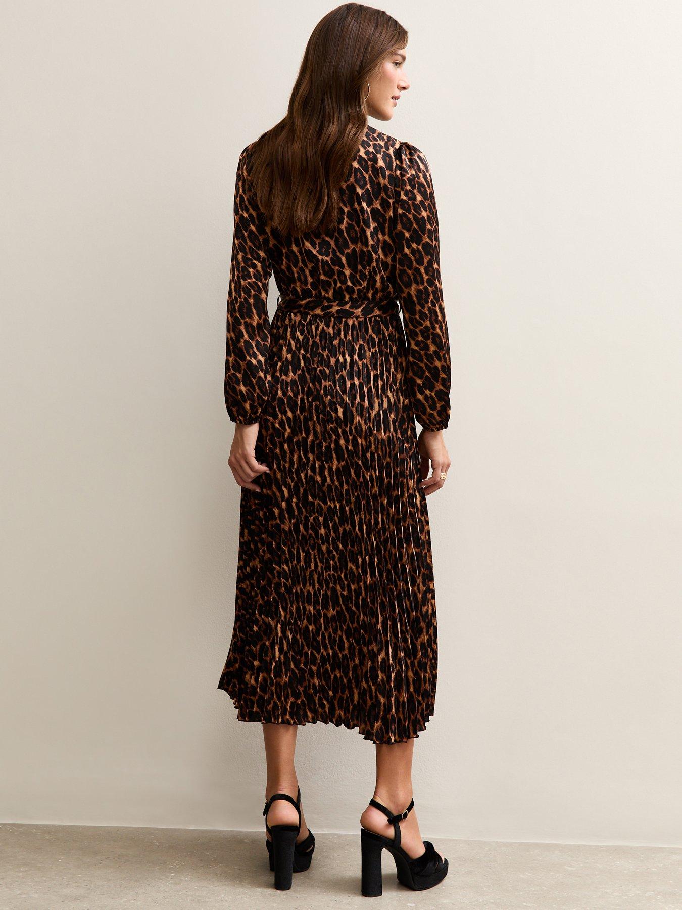 Image 2 of 6 of New Look Dark Brown Animal Print Pleated Long Sleeve Midi Dress