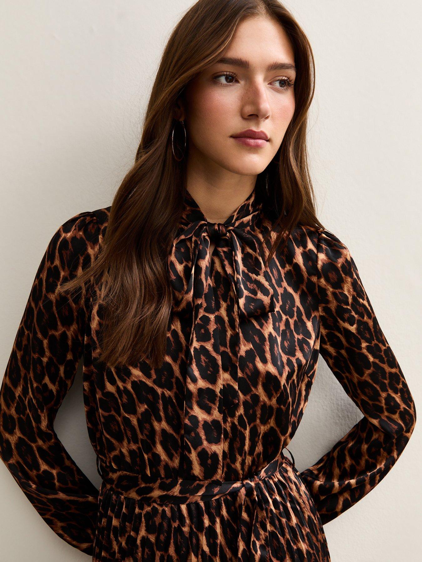 Image 4 of 6 of New Look Dark Brown Animal Print Pleated Long Sleeve Midi Dress