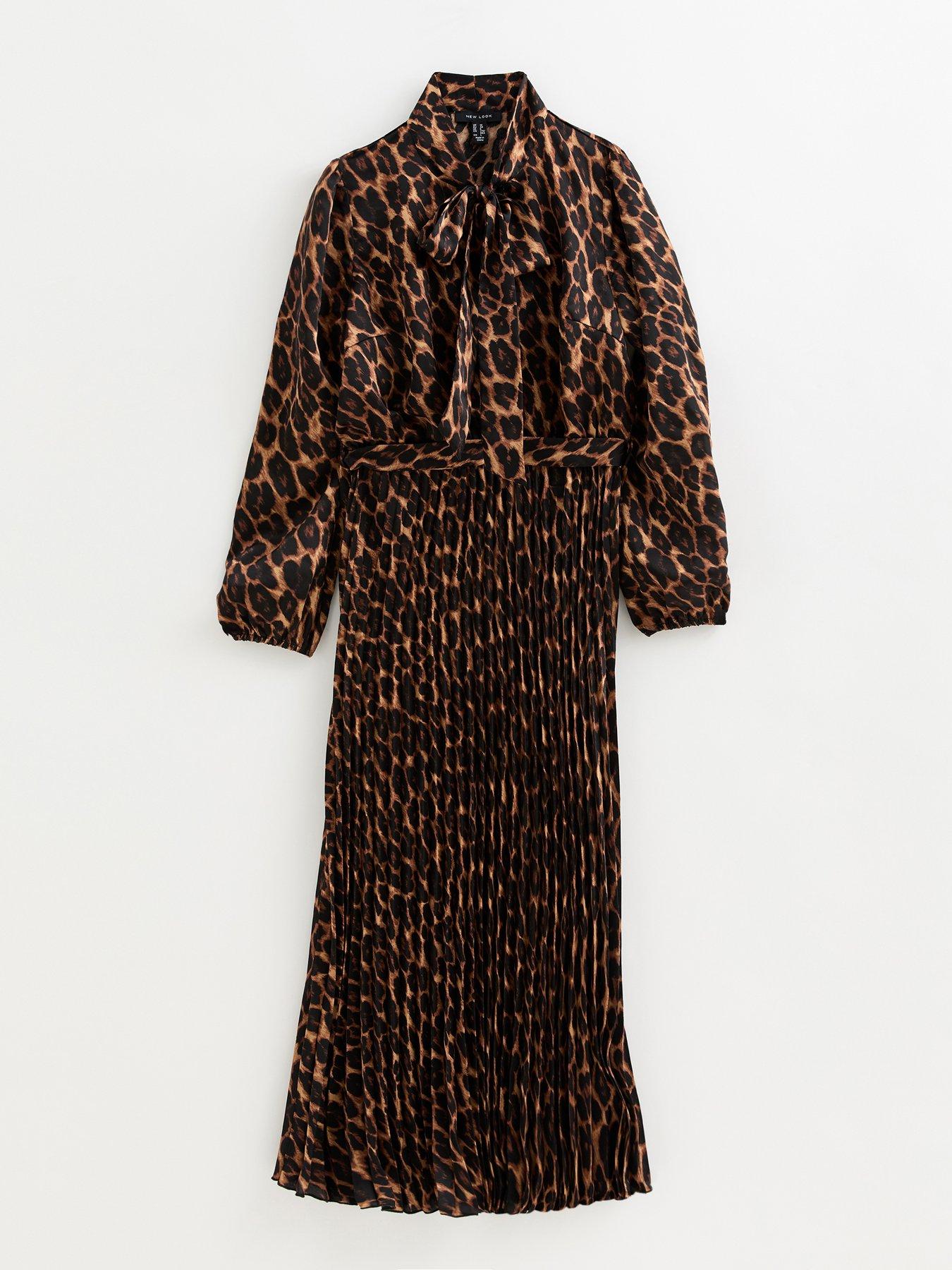 Image 5 of 6 of New Look Dark Brown Animal Print Pleated Long Sleeve Midi Dress