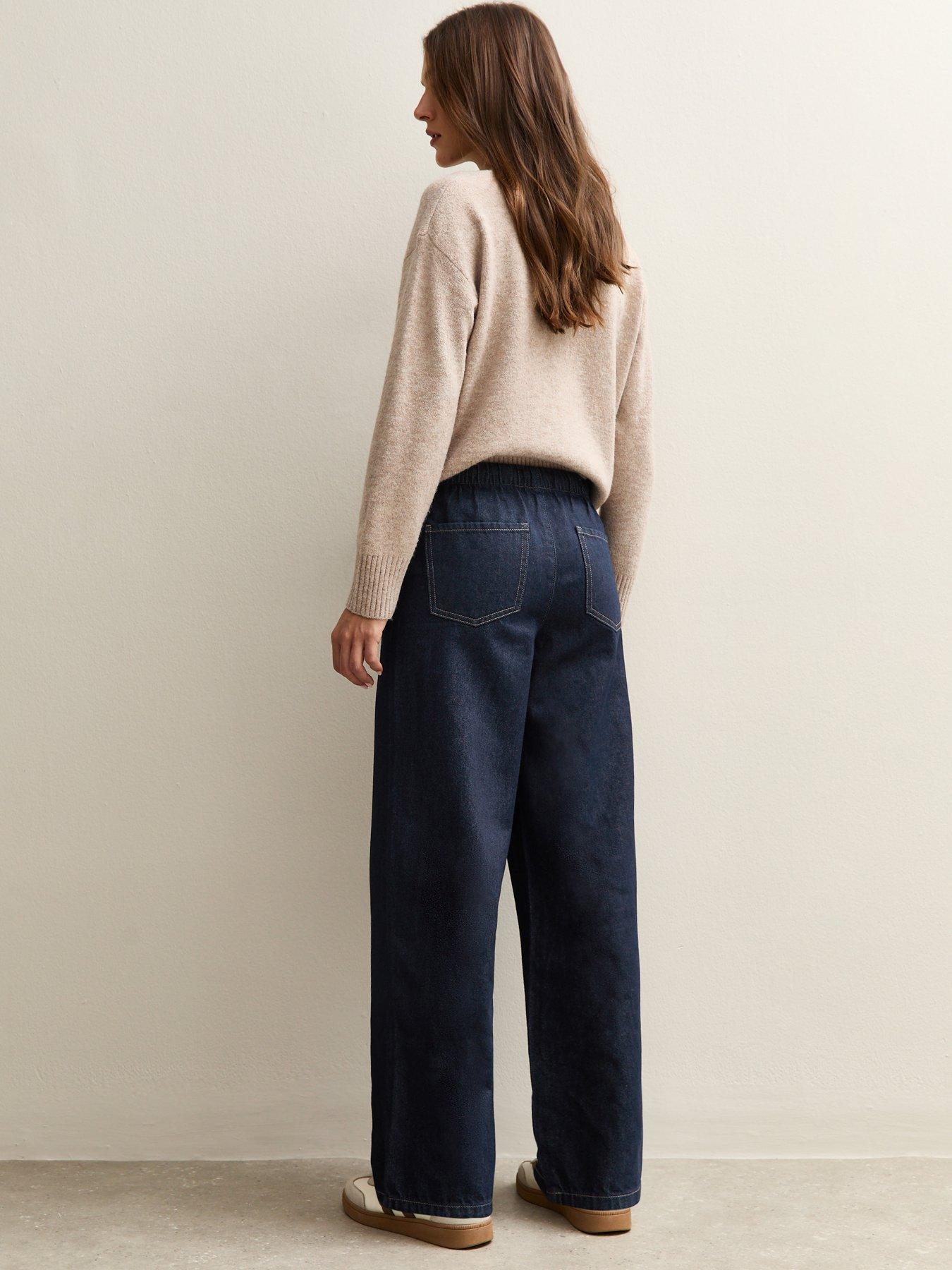  image of new-look-denim-wide-leg-drawstring-waist-jeans-navy