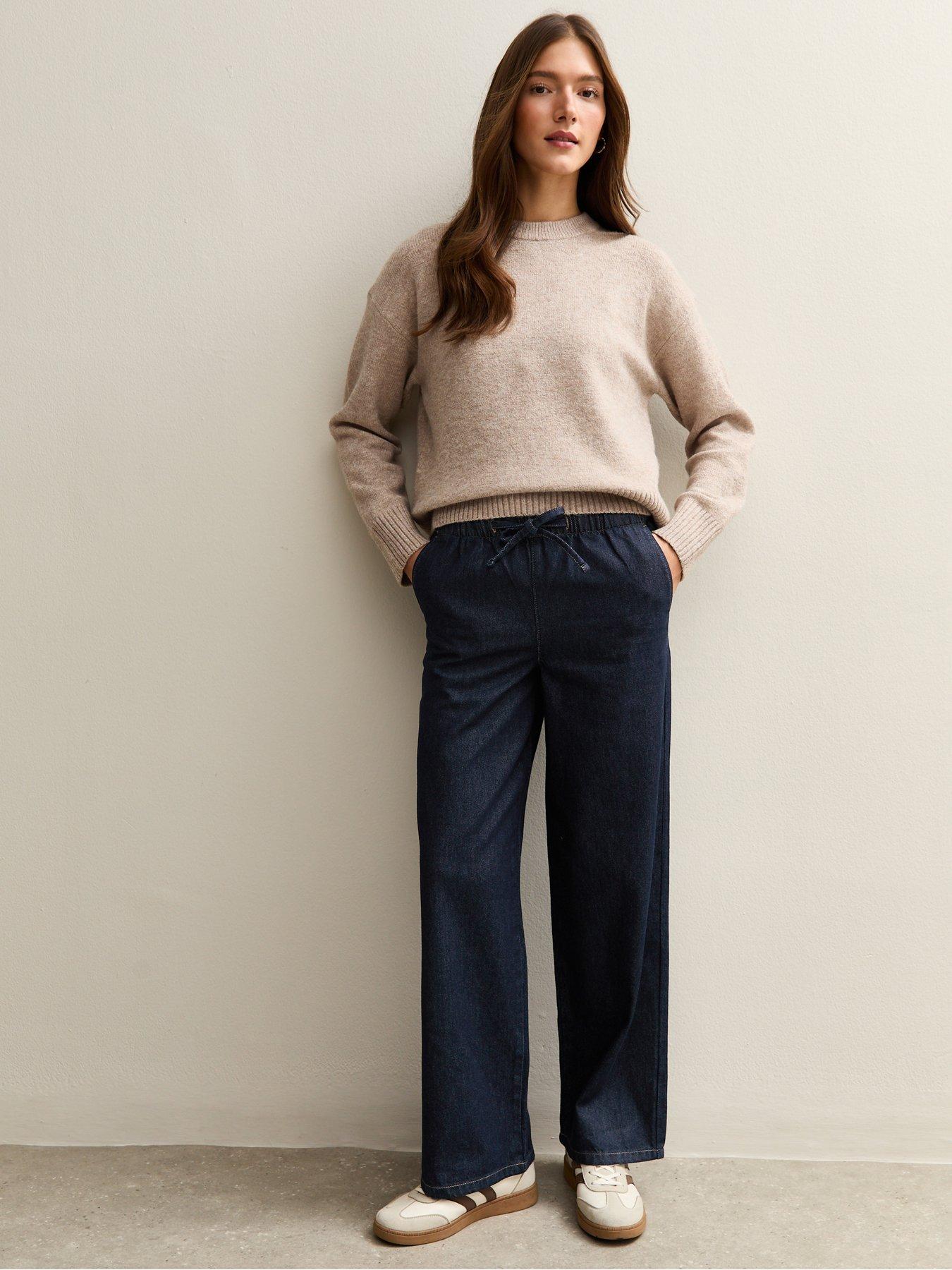  image of new-look-denim-wide-leg-drawstring-waist-jeans-navy