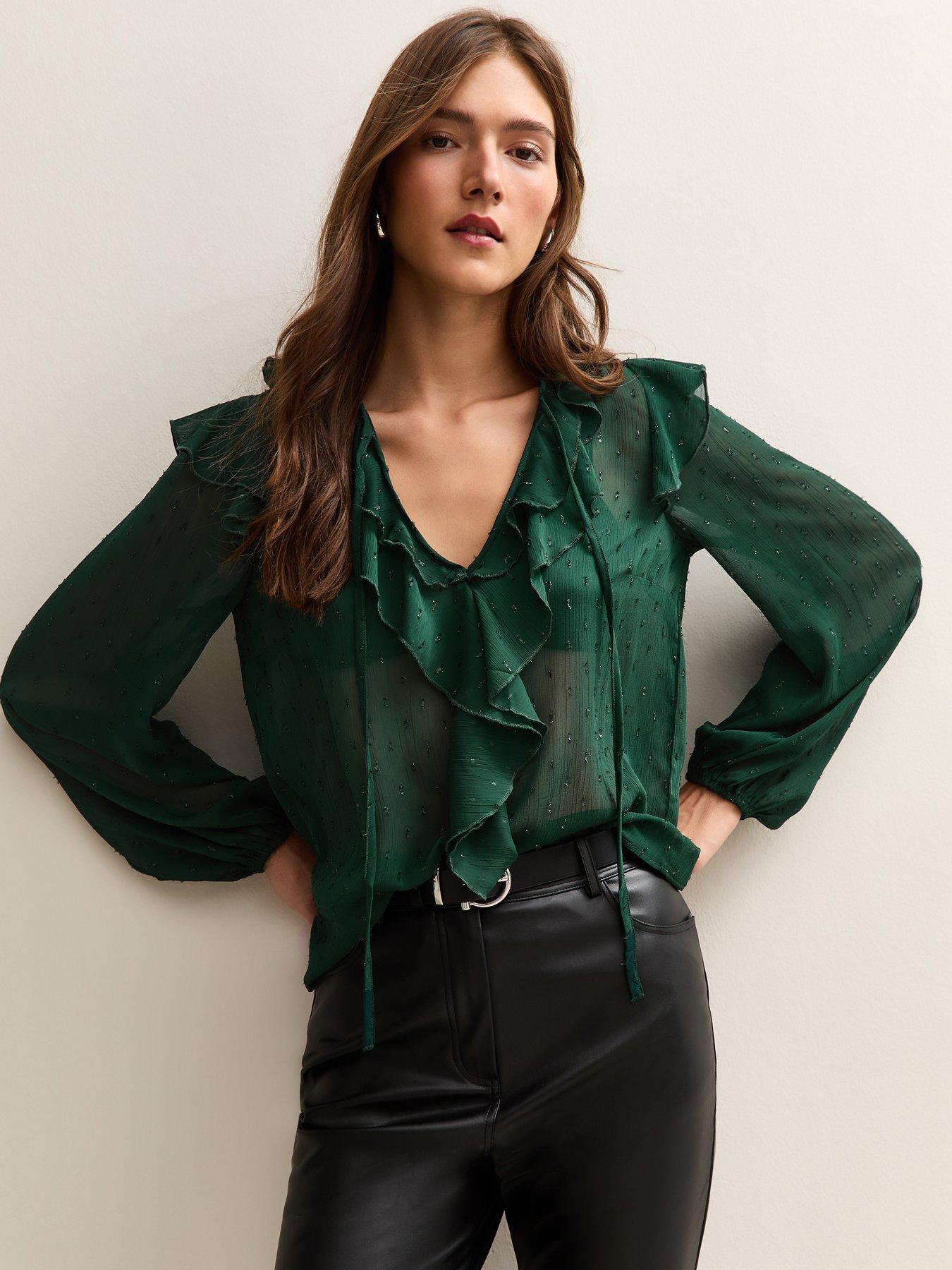 New Look Metallic Spot Frilly Trimmed Blouse - Dark Green