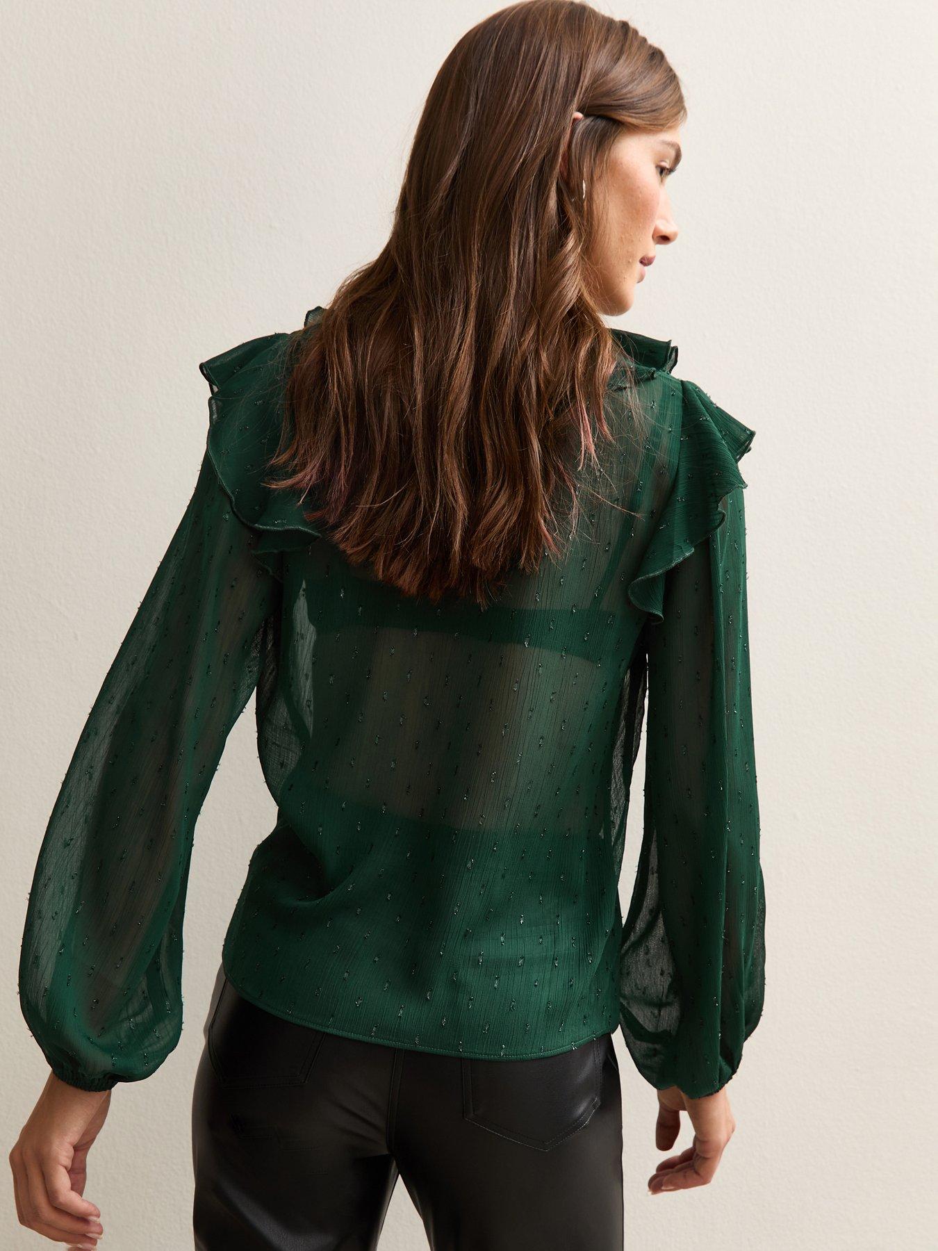  image of new-look-metallic-spot-frilly-trimmed-blouse-dark-green