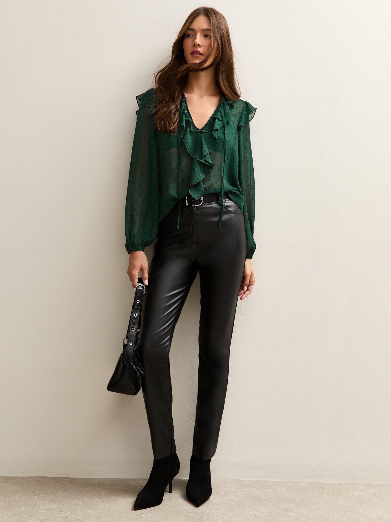  image of new-look-metallic-spot-frilly-trimmed-blouse-dark-green