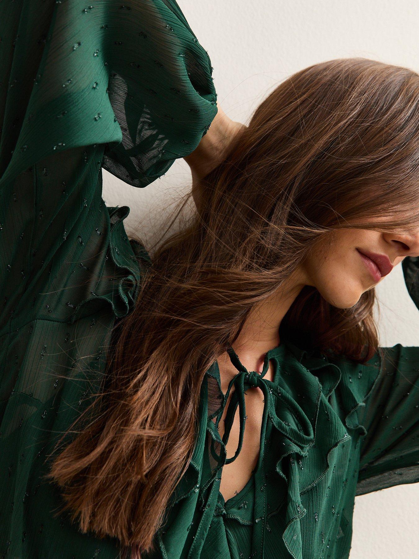  image of new-look-metallic-spot-frilly-trimmed-blouse-dark-green