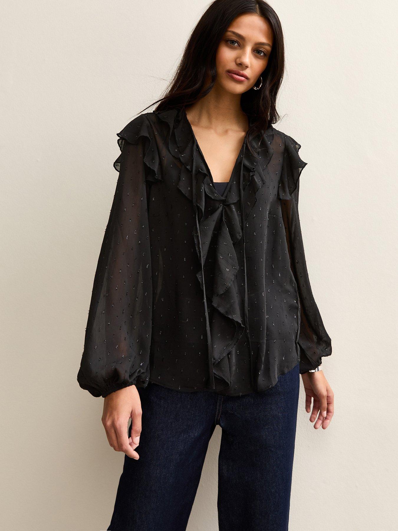 New Look Black Metallic Spot Frilly Trimmed Blouse