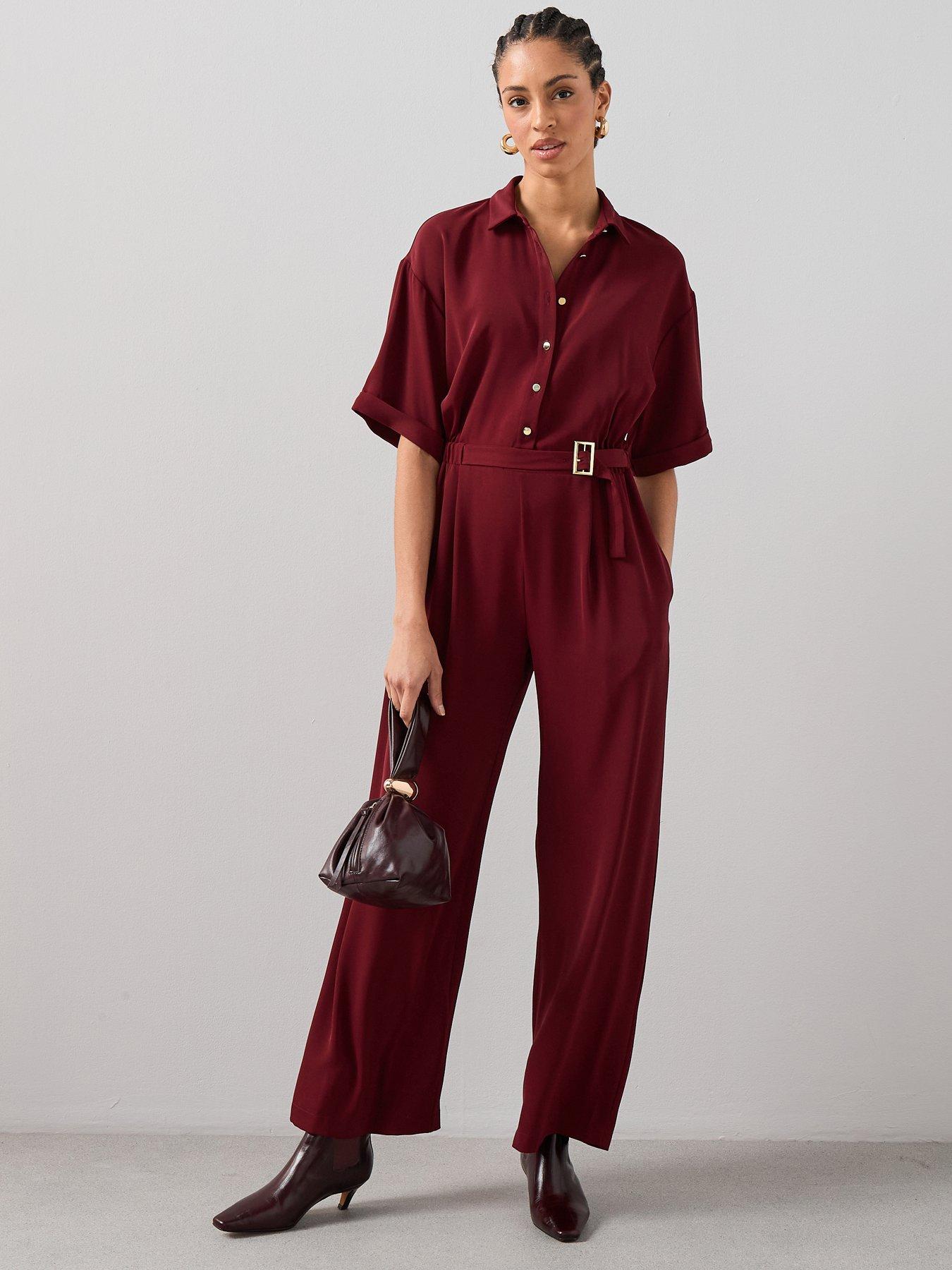 The Very Collection Belted Button Down Jumpsuit - Dark Red