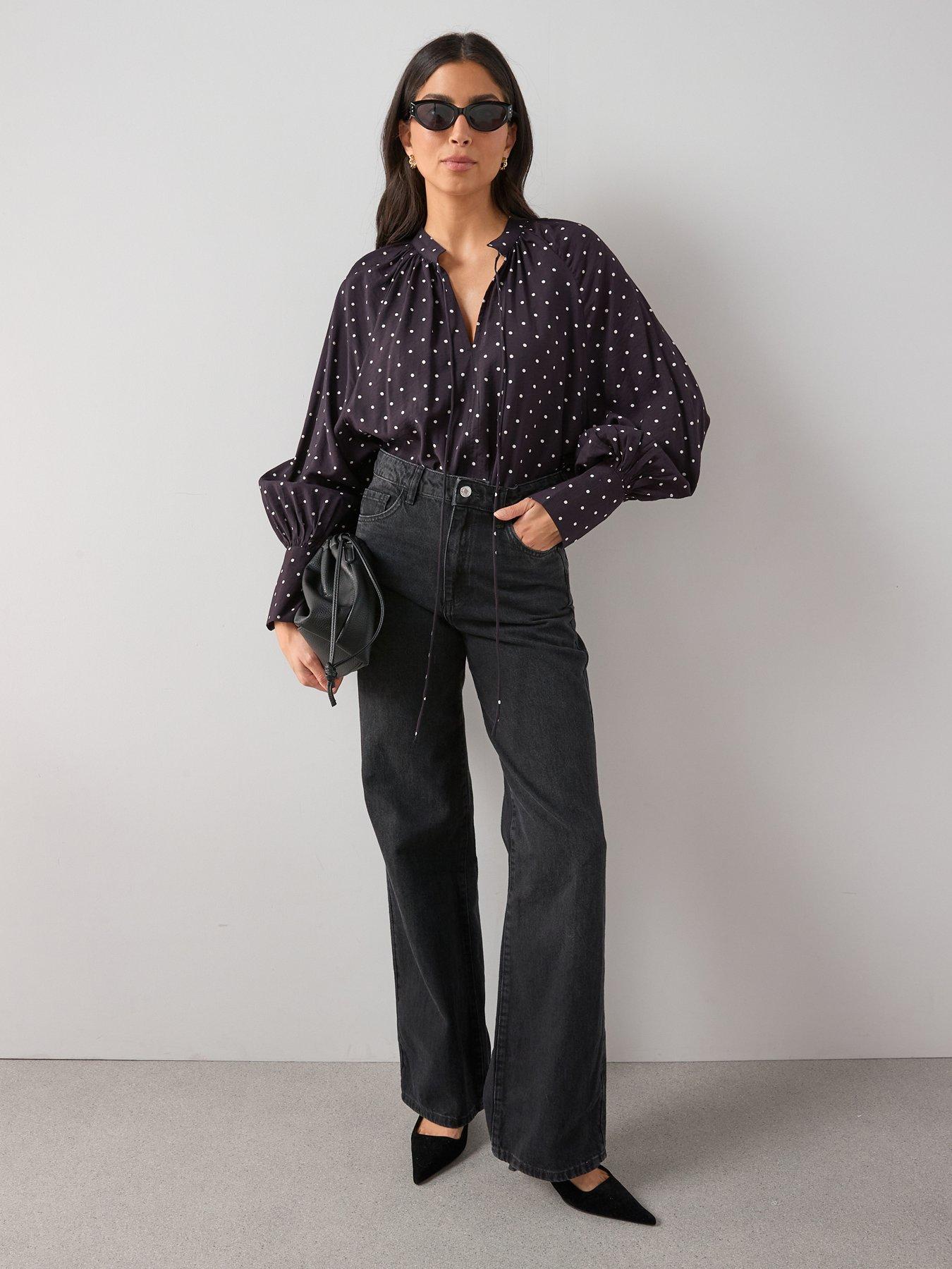 Image 1 of 7 of The Very Collection V-Neck Polka Dot Floaty Blouse - Dark Plum
