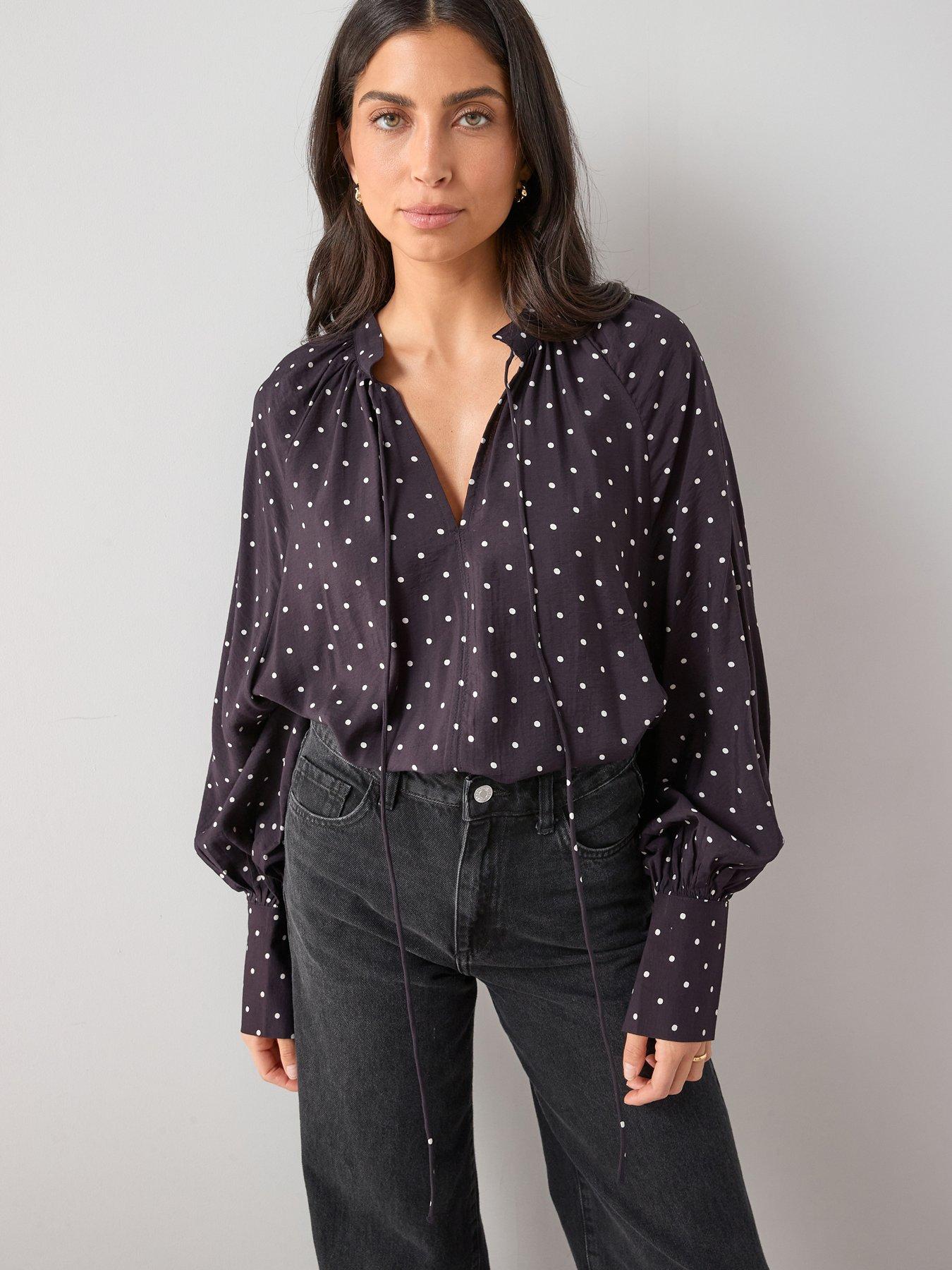 Image 3 of 7 of The Very Collection V-Neck Polka Dot Floaty Blouse - Dark Plum