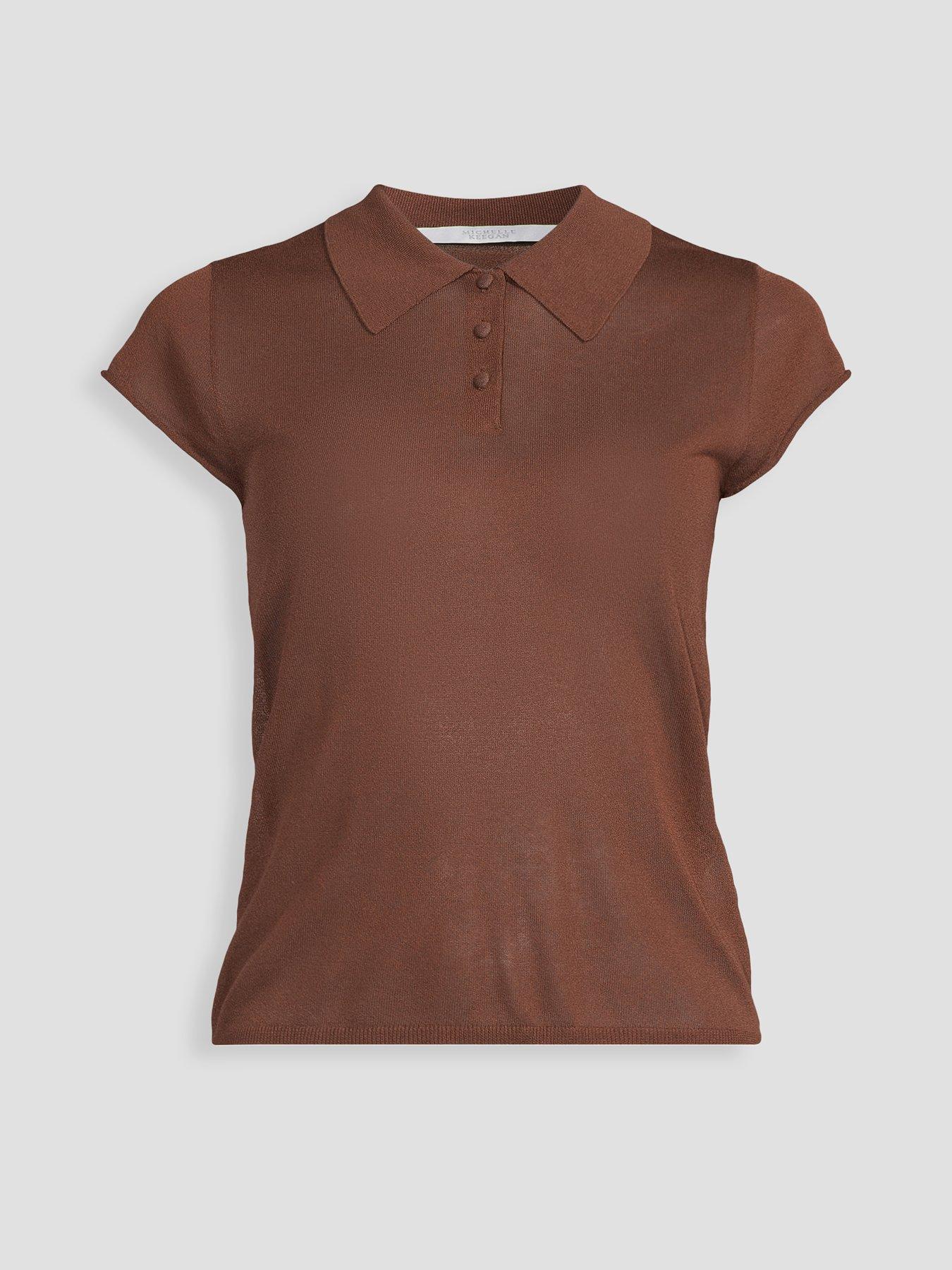 Image 4 of 4 of Michelle Keegan Sheer Knitted Polo Top - Brown