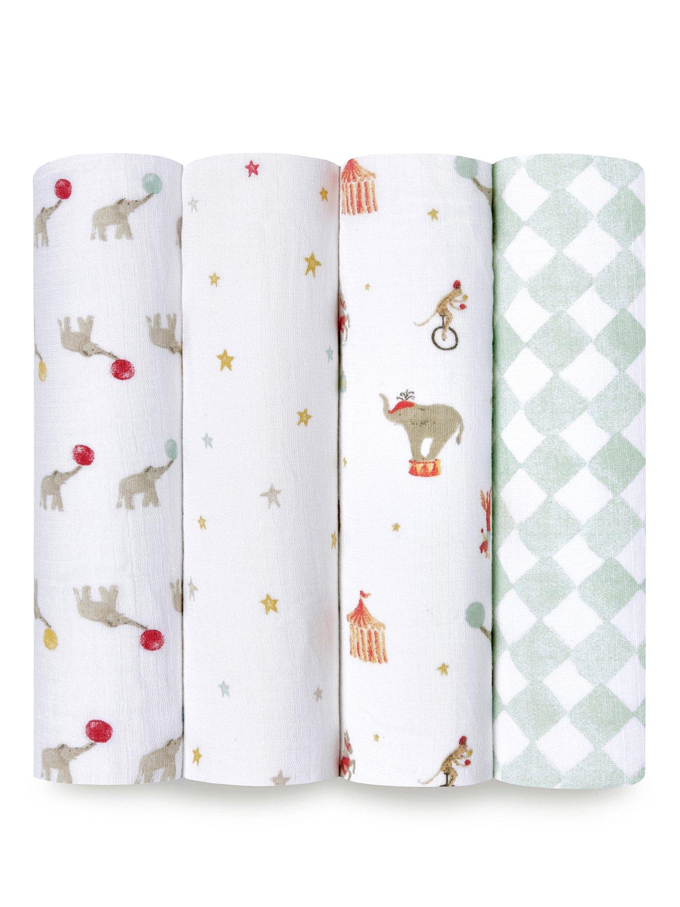  image of aden-anais-essential-cotton-muslin-4-pack-swaddle-blanket-elephant-circus