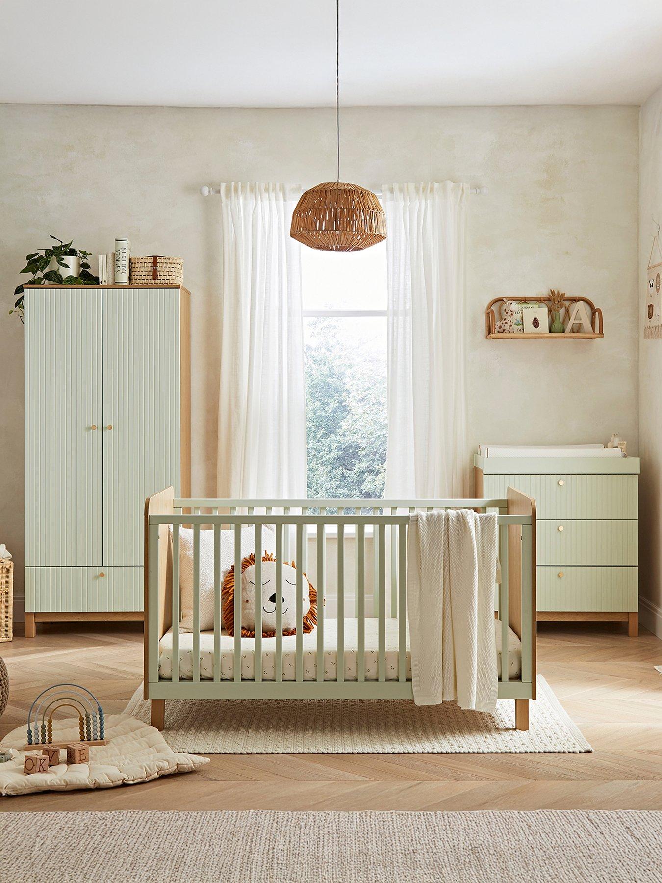 CuddleCo Remi 3pc Set 3 Drawer Dresser, Cot Bed and Wardrobe Oak/Green