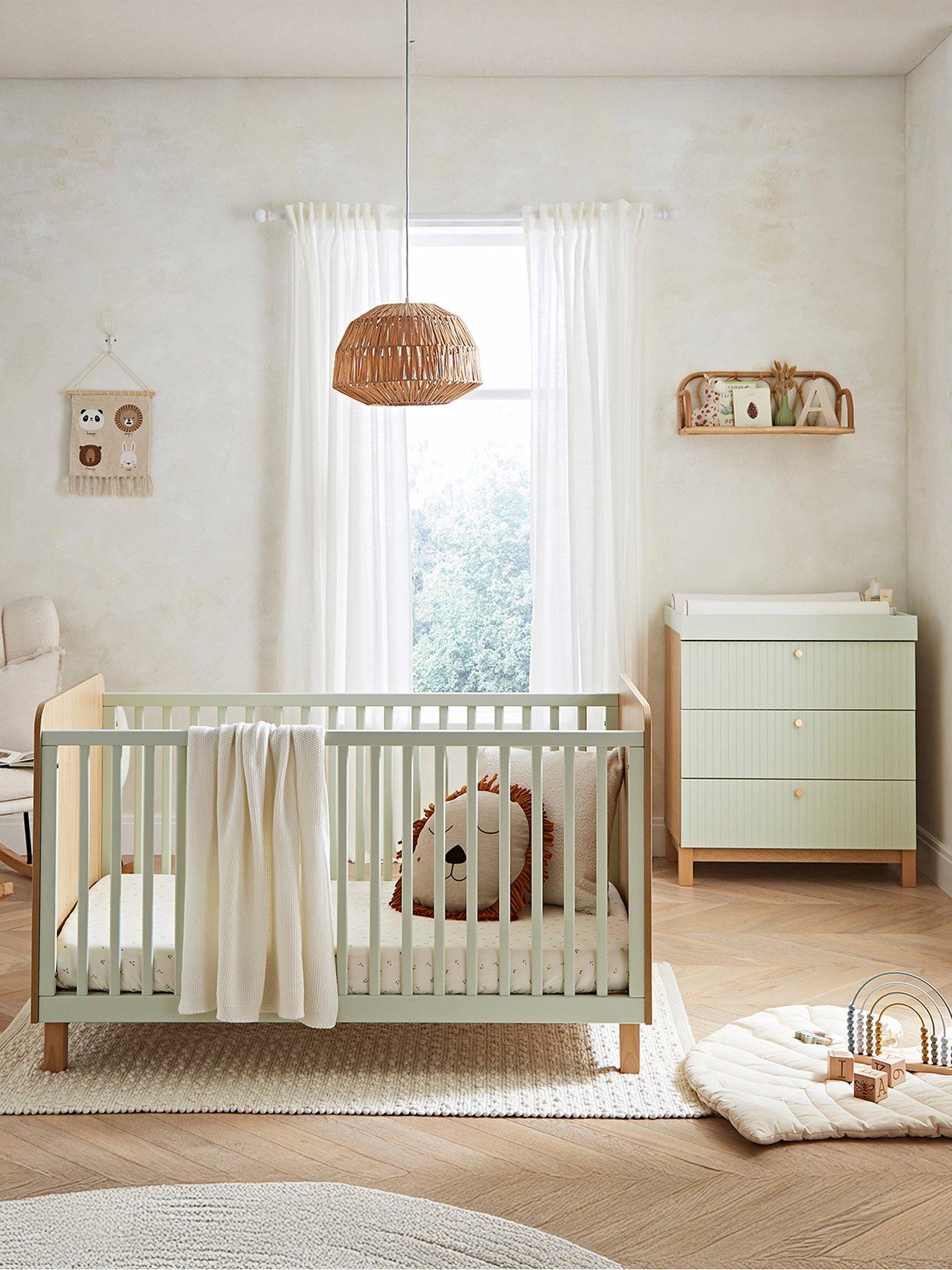 CuddleCo Remi 2pc Set 3 Drawer Dresser, Cot Bed  Oak/Green