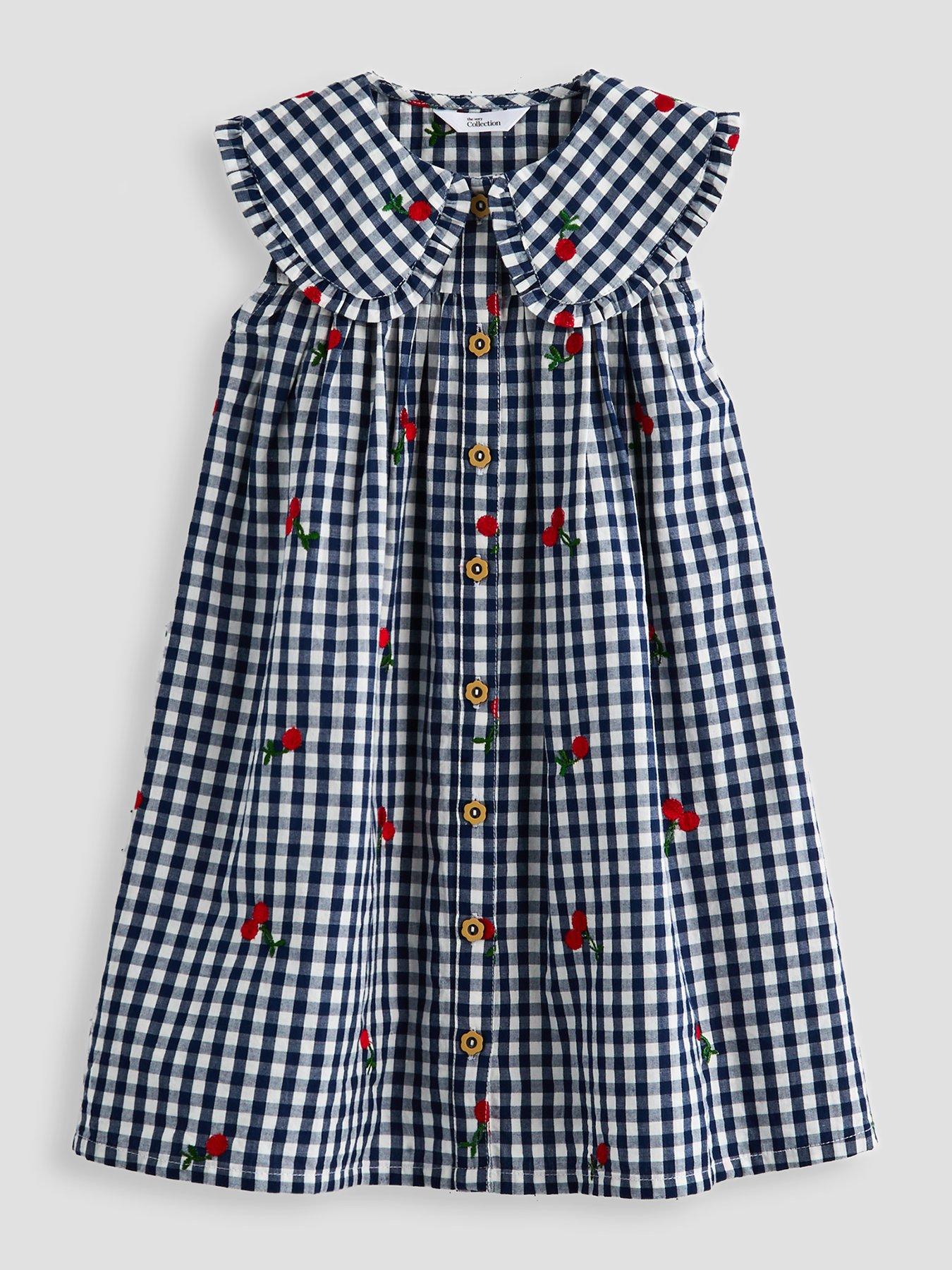 The Very Collection Girls Collar Gingham Button Through Dress - White/Navy