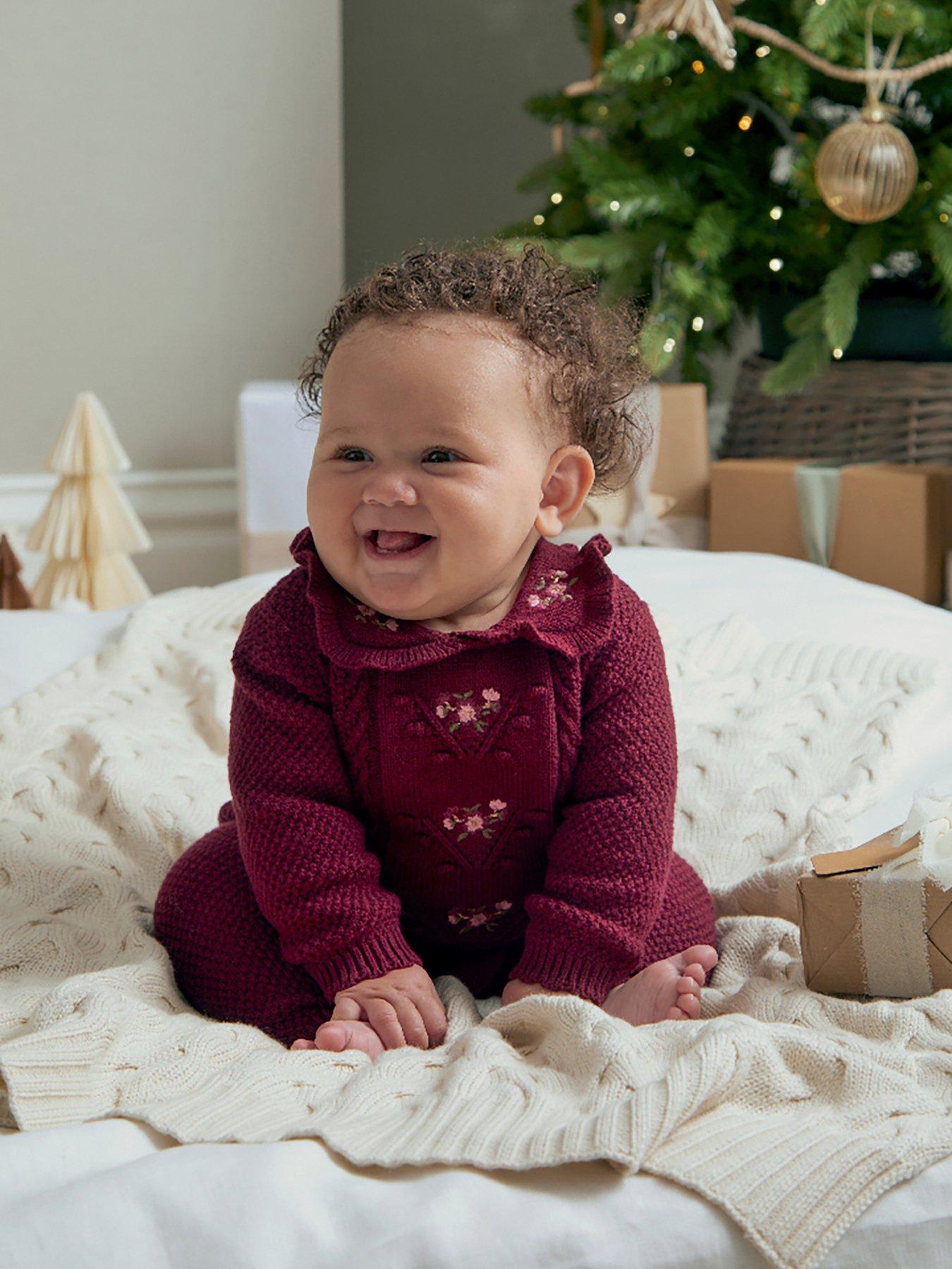 Mamas & Papas Baby Girls Knit Embroidered Knitted Romper - Dark Red